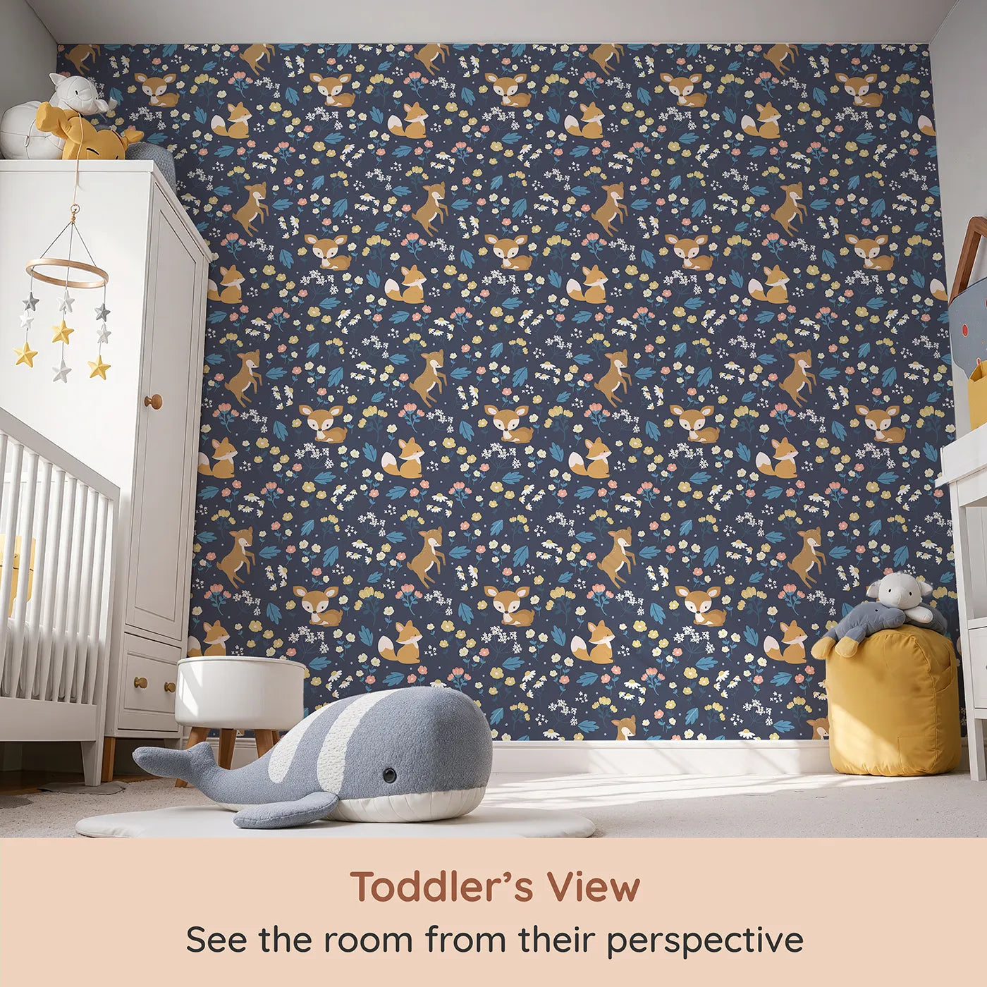 Whimsy Tots Meadow Mischief Fox and Deer Wallpaper in Midnight Blue (W3063A) from your child's view.Curious critters and soft florals turn every wall into a woodland daydream.