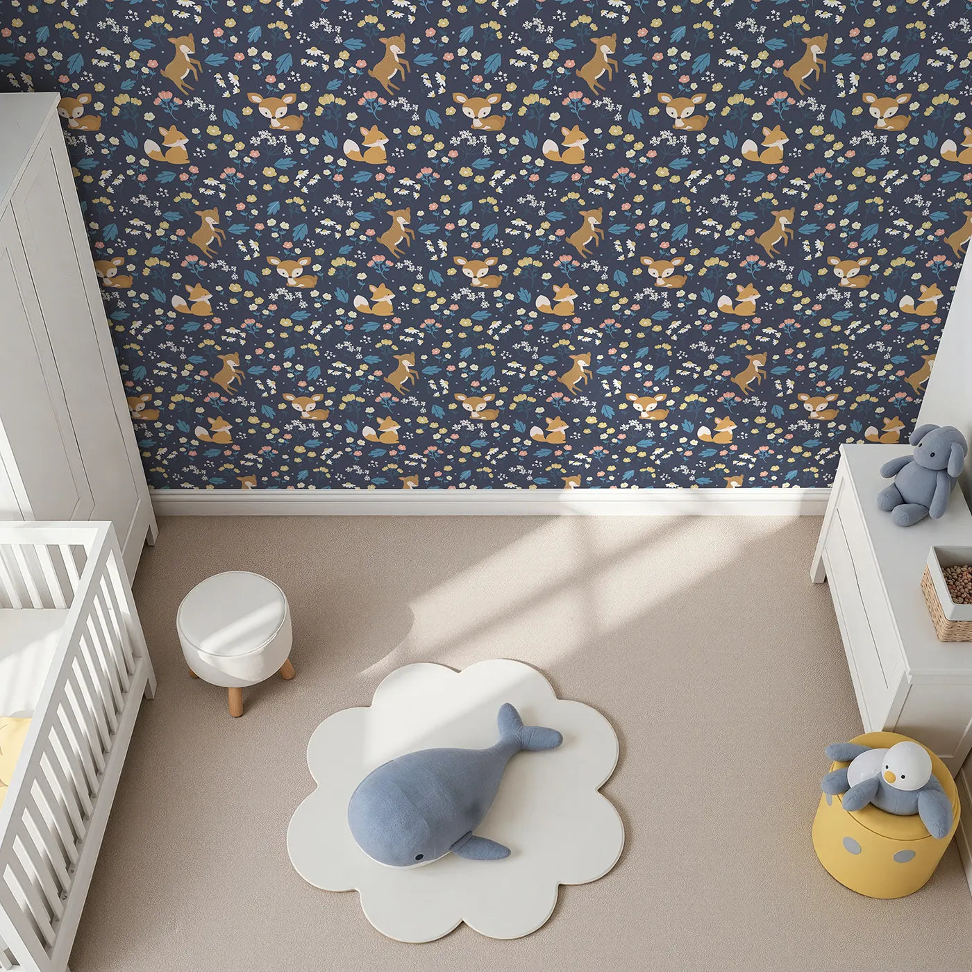 Top-Down view of Whimsy Tots' Meadow Mischief Fox and Deer Wallpaper in Midnight Blue (W3063A).Curious critters and soft florals turn every wall into a woodland daydream.