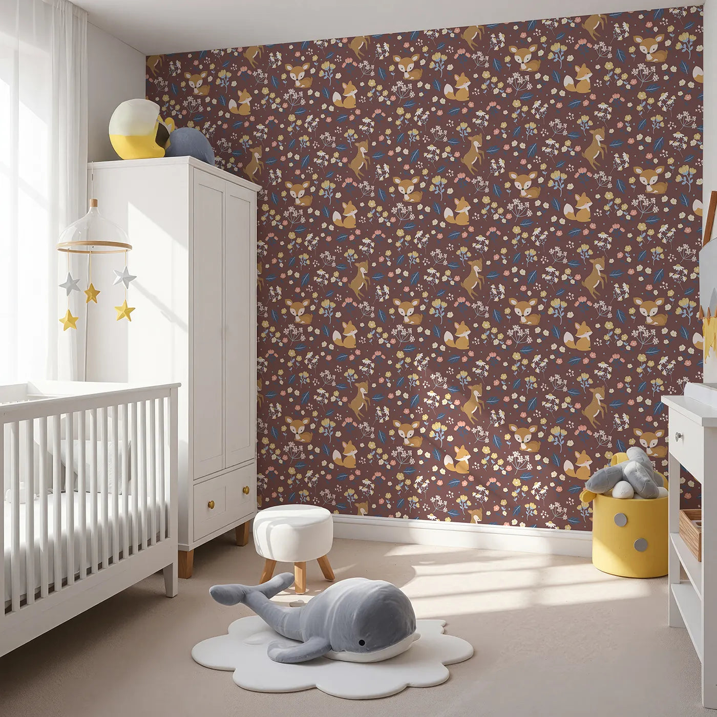 Angled view of Whimsy Tots' Meadow Mischief Fox and Deer Wallpaper in Chestnut Brown (W3063B).Sweet forest creatures and blooming meadows bring a warm hug to every wall.