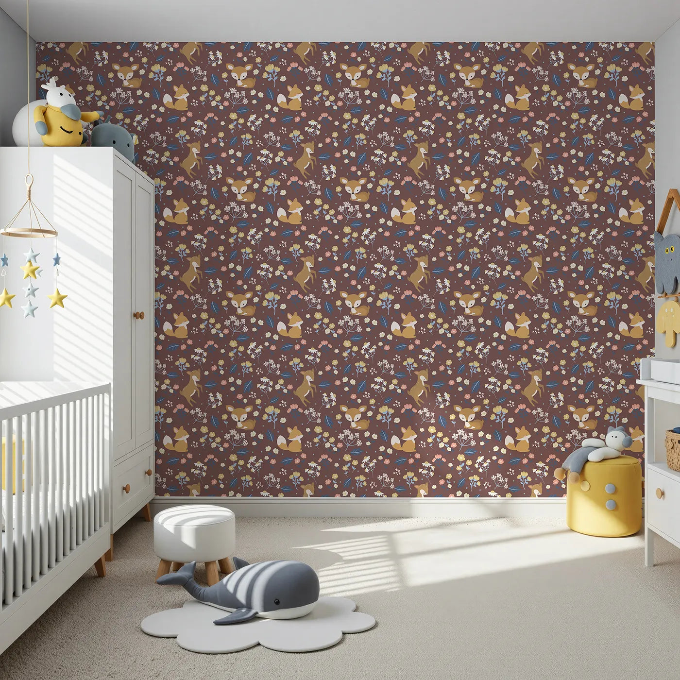 Front view of Whimsy Tots' Meadow Mischief Fox and Deer Wallpaper in Chestnut Brown