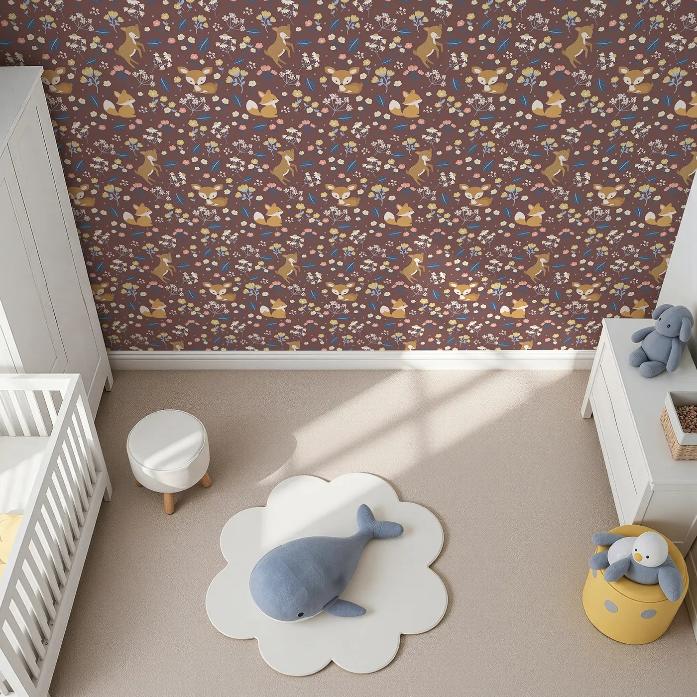 Top-Down view of Whimsy Tots' Meadow Mischief Fox and Deer Wallpaper in Chestnut Brown (W3063B).Sweet forest creatures and blooming meadows bring a warm hug to every wall.