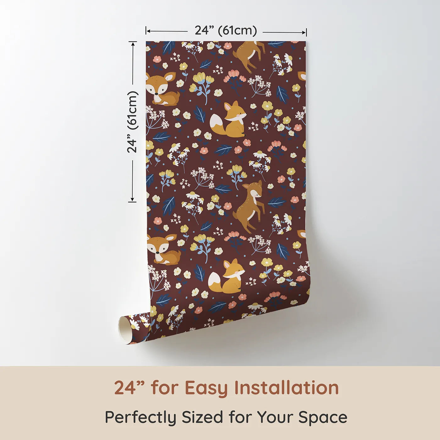 Dimension view of Whimsy Tots Meadow Mischief Fox and Deer Wallpaper in Chestnut Brown (W3063B). Printed in 24-inch-wide panel for easy installation. Sweet forest creatures and blooming meadows bring a warm hug to every wall.