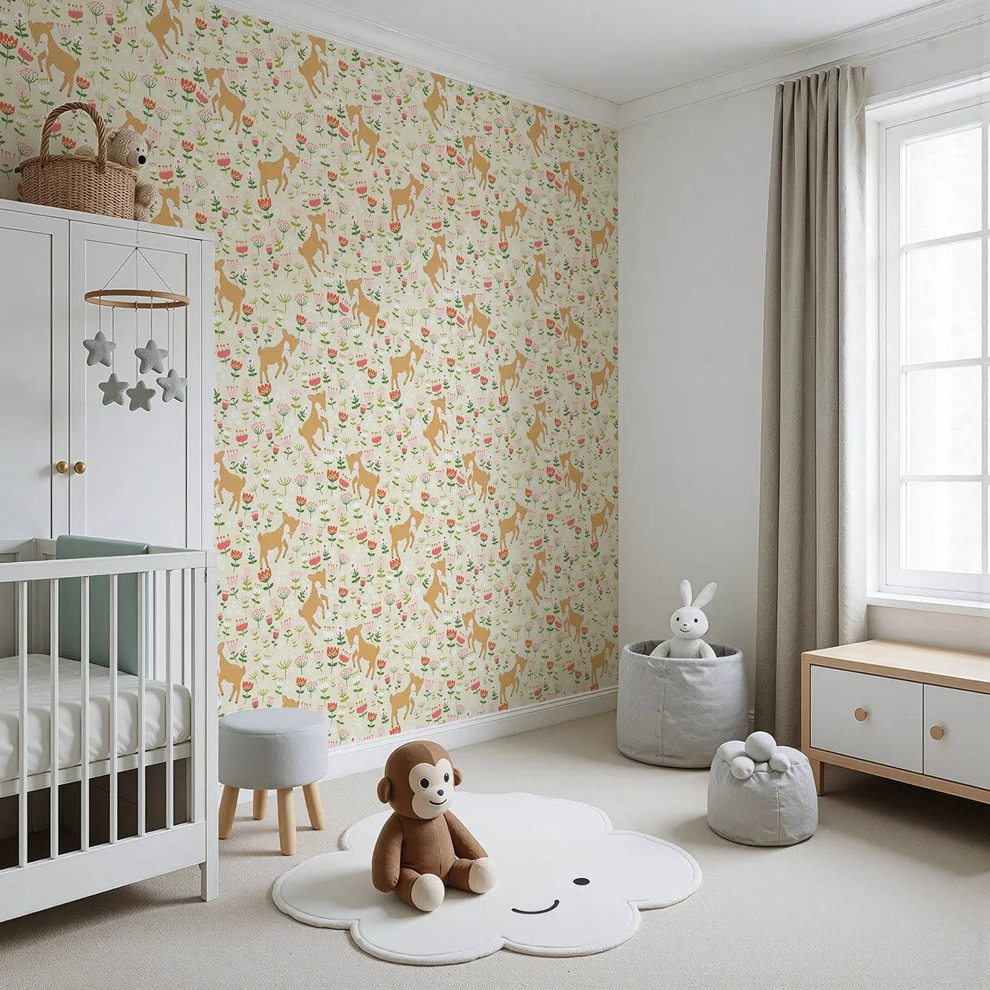 Angled view of Whimsy Tots' Spring Fawn Dance Wallpaper in Buttercream (W3064A).Playful baby deer prance through a field of cheerful spring blooms.