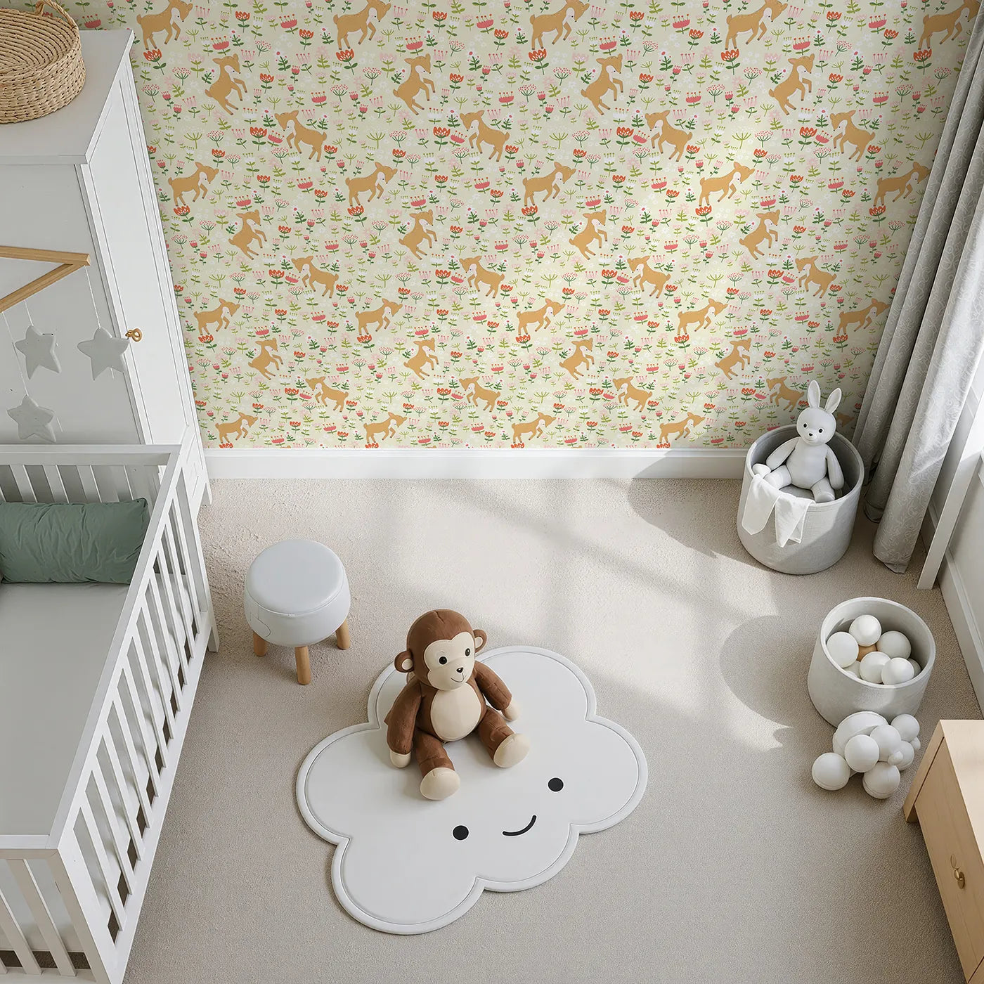 Top-Down view of Whimsy Tots' Spring Fawn Dance Wallpaper in Buttercream (W3064A).Playful baby deer prance through a field of cheerful spring blooms.