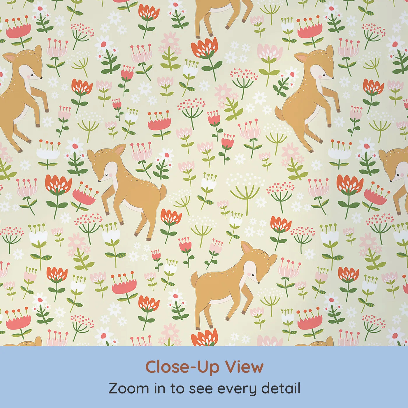 Close-up view of Whimsy Tots' Spring Fawn Dance Wallpaper in Buttercream (W3064A).Playful baby deer prance through a field of cheerful spring blooms.