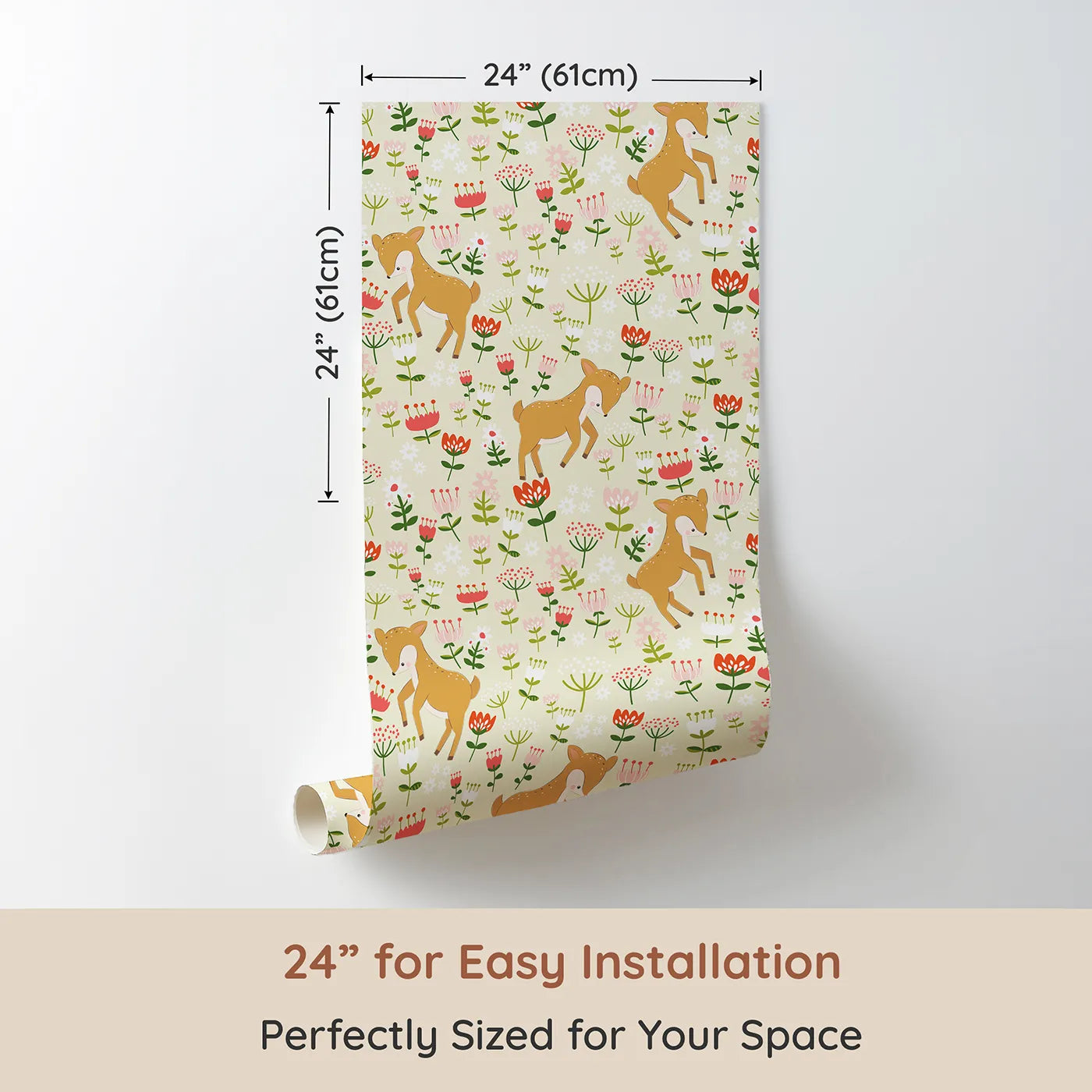 Dimension view of Whimsy Tots Spring Fawn Dance Wallpaper in Buttercream (W3064A). Printed in 24-inch-wide panel for easy installation. Playful baby deer prance through a field of cheerful spring blooms.