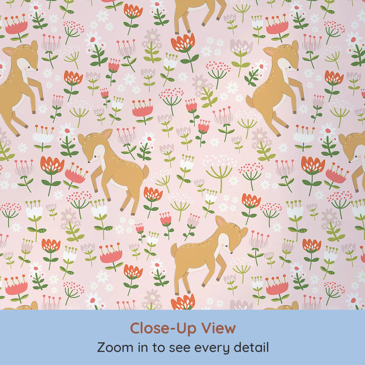 Close-up view of Whimsy Tots' Spring Fawn Dance Wallpaper in Petal Pink (W3064B).Happy fawns leap among soft pink flowers in a field of springtime dreams.