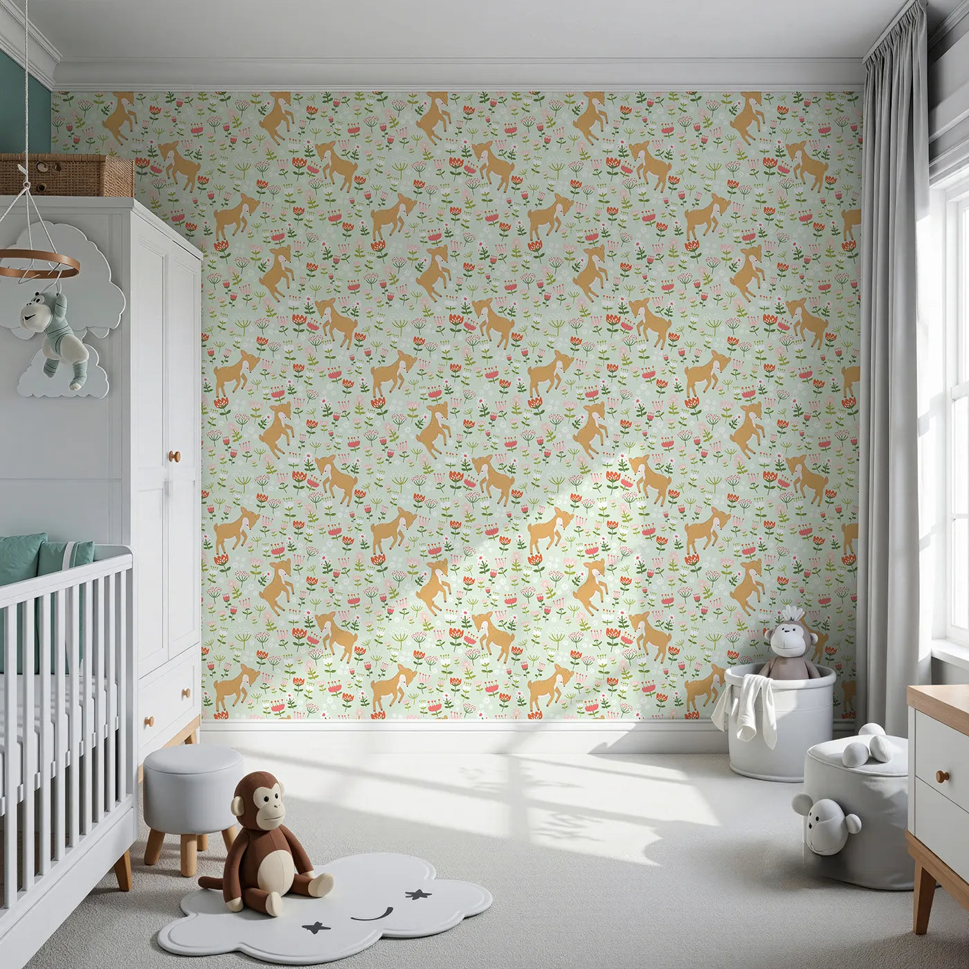 Front view of Whimsy Tots' Spring Fawn Dance Wallpaper in Mint Meadow Green