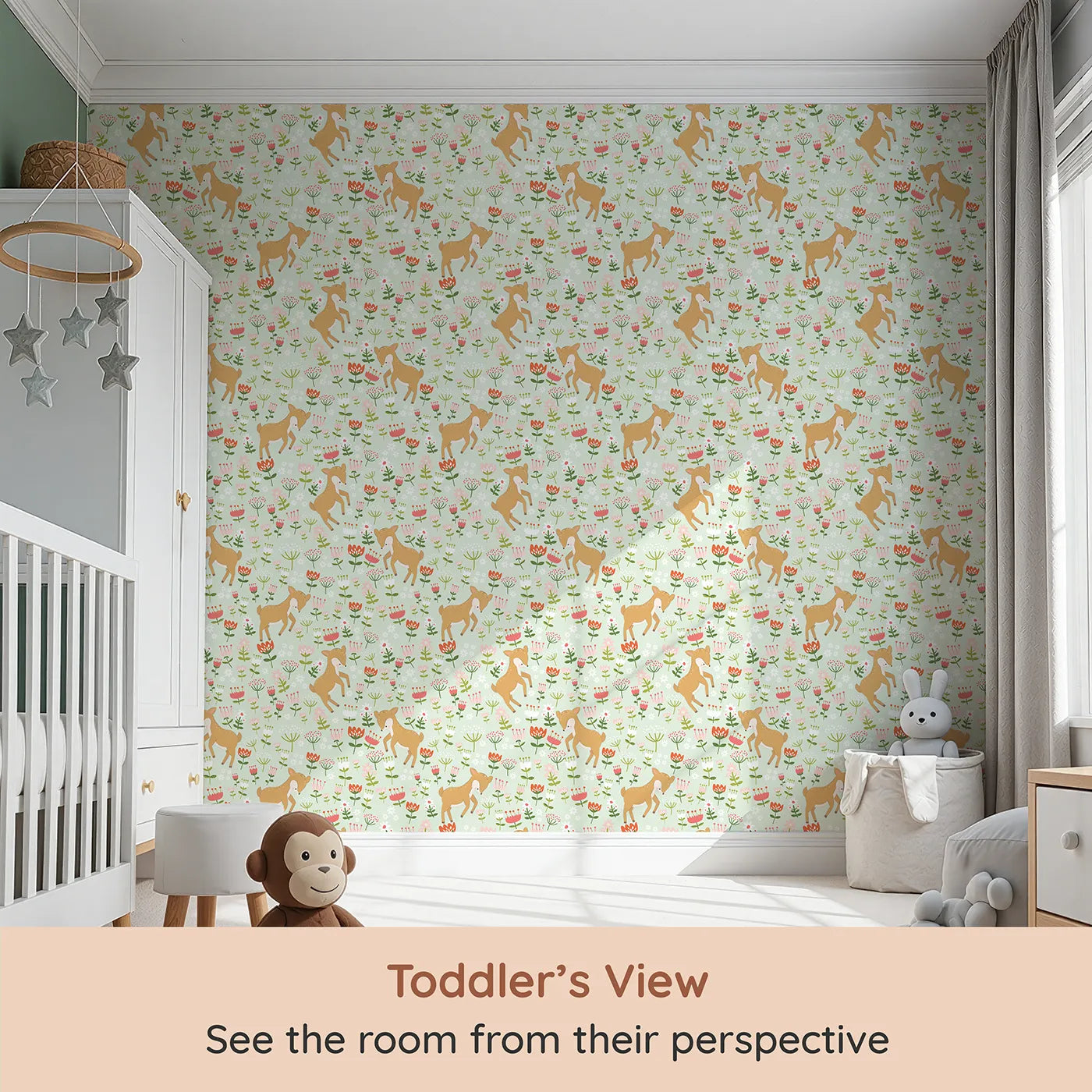 Whimsy Tots Spring Fawn Dance Wallpaper in Mint Meadow Green (W3064C) from your child's view.Delicate flowers and joyful fawns create a minty-fresh forest escape.