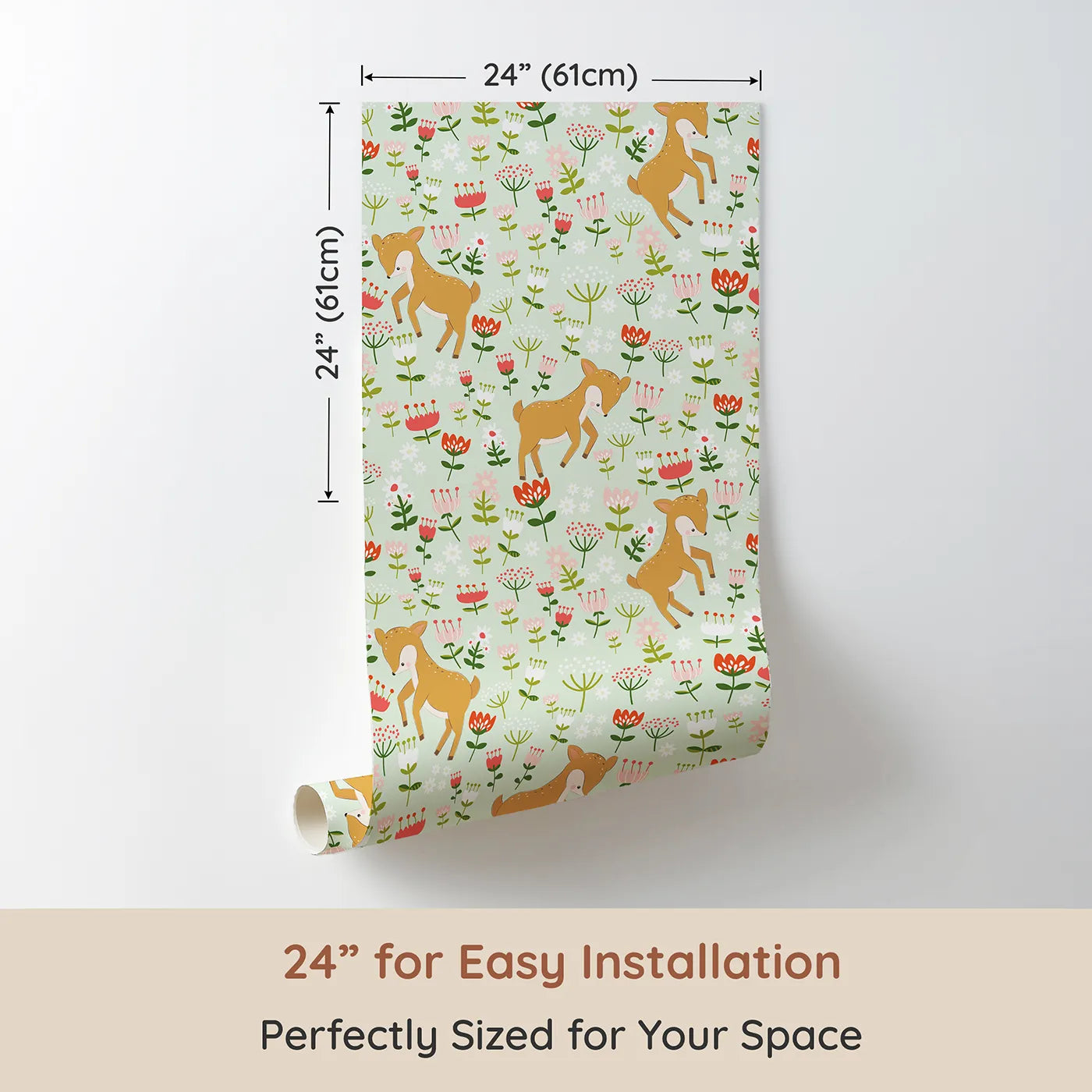 Dimension view of Whimsy Tots Spring Fawn Dance Wallpaper in Mint Meadow Green (W3064C). Printed in 24-inch-wide panel for easy installation. Delicate flowers and joyful fawns create a minty-fresh forest escape.