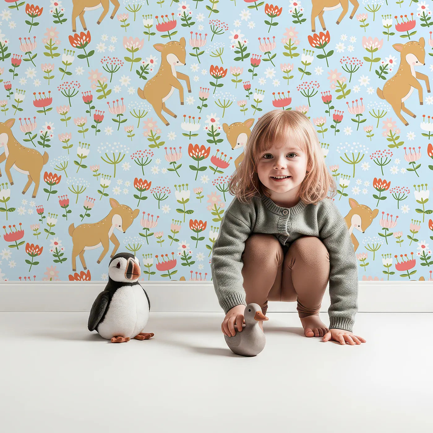 Lovely child standing in front of Whimsy Tots Spring Fawn Dance Wallpaper in Sky Blue with deer, flower, meadow, tulip in design.