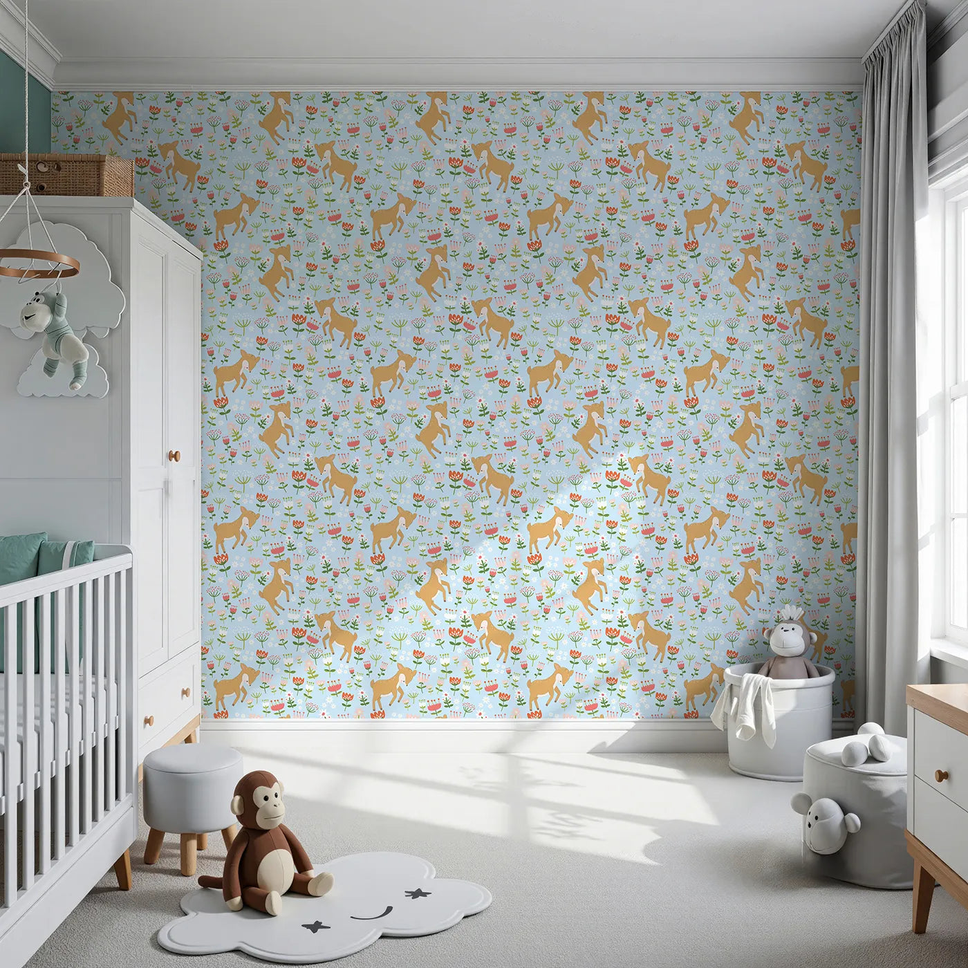 Front view of Whimsy Tots' Spring Fawn Dance Wallpaper in Sky Blue