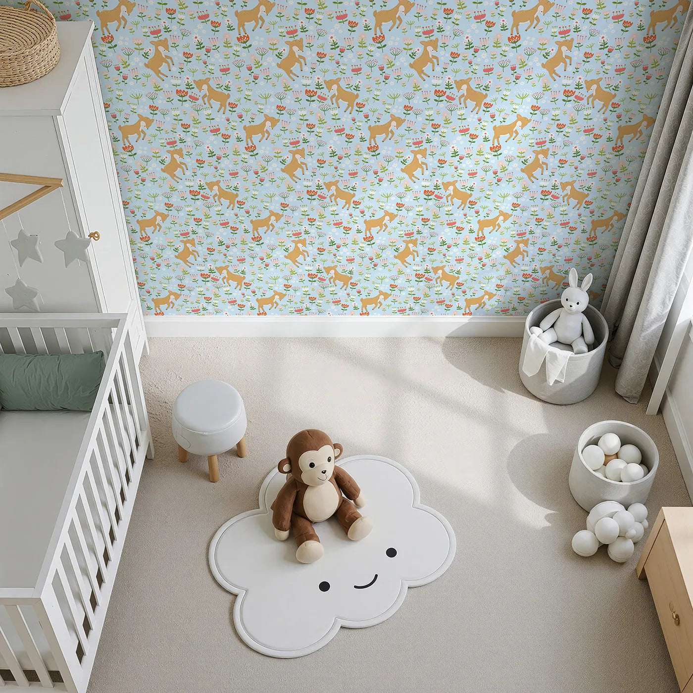 Top-Down view of Whimsy Tots' Spring Fawn Dance Wallpaper in Sky Blue (W3064D).Cheerful fawns and dancing flowers turn their walls into a blue-sky spring day.