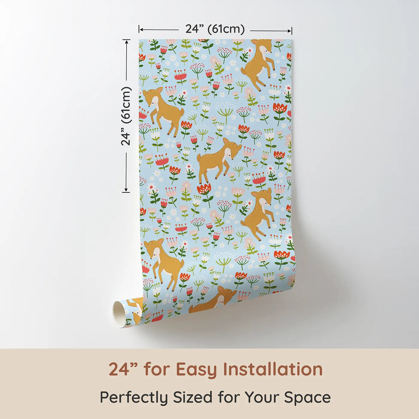 Dimension view of Whimsy Tots Spring Fawn Dance Wallpaper in Sky Blue (W3064D). Printed in 24-inch-wide panel for easy installation. Cheerful fawns and dancing flowers turn their walls into a blue-sky spring day.