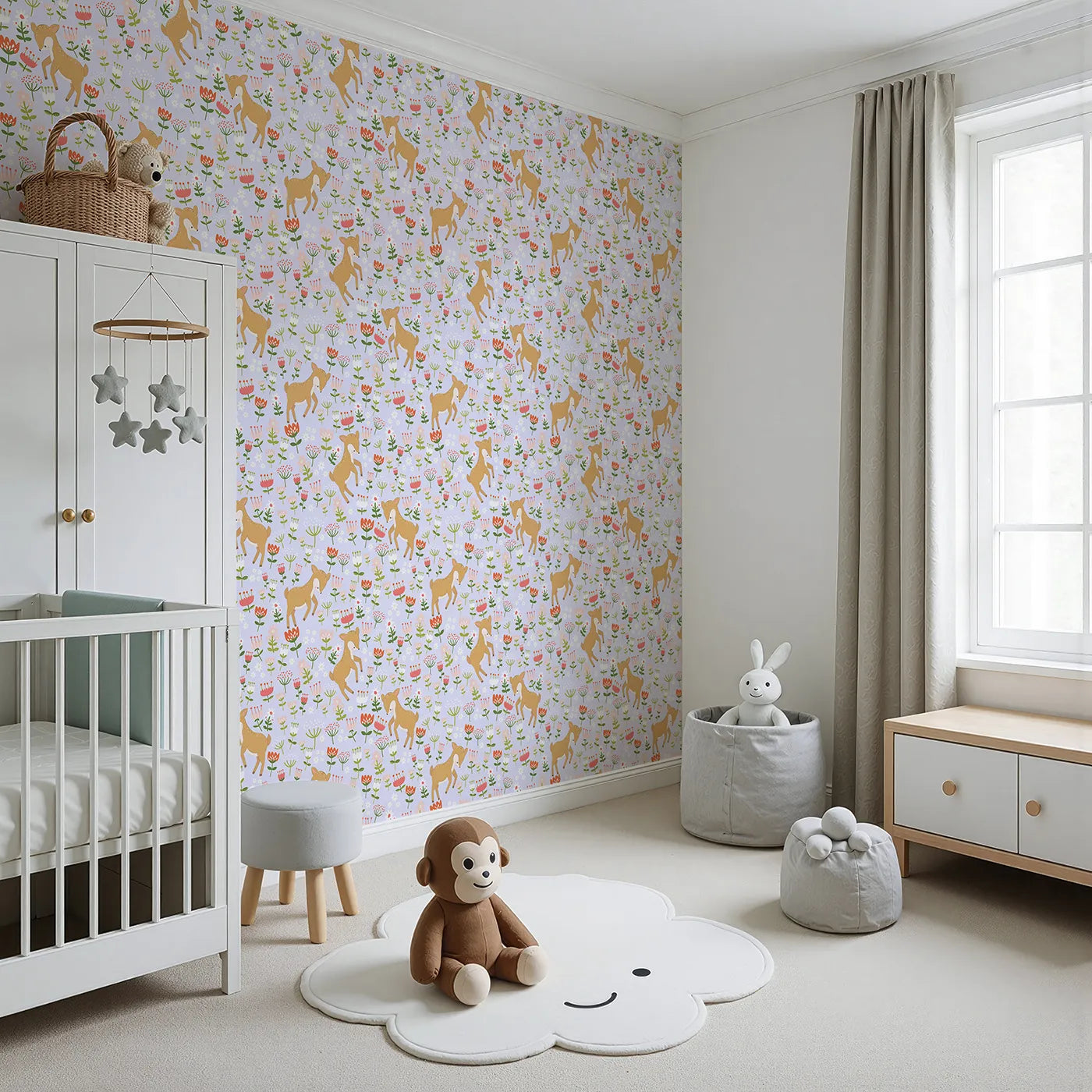 Angled view of Whimsy Tots' Spring Fawn Dance Wallpaper in Lavender Mist (W3064E).Soft fawns and blooming flowers create a pastel woodland wonderland.
