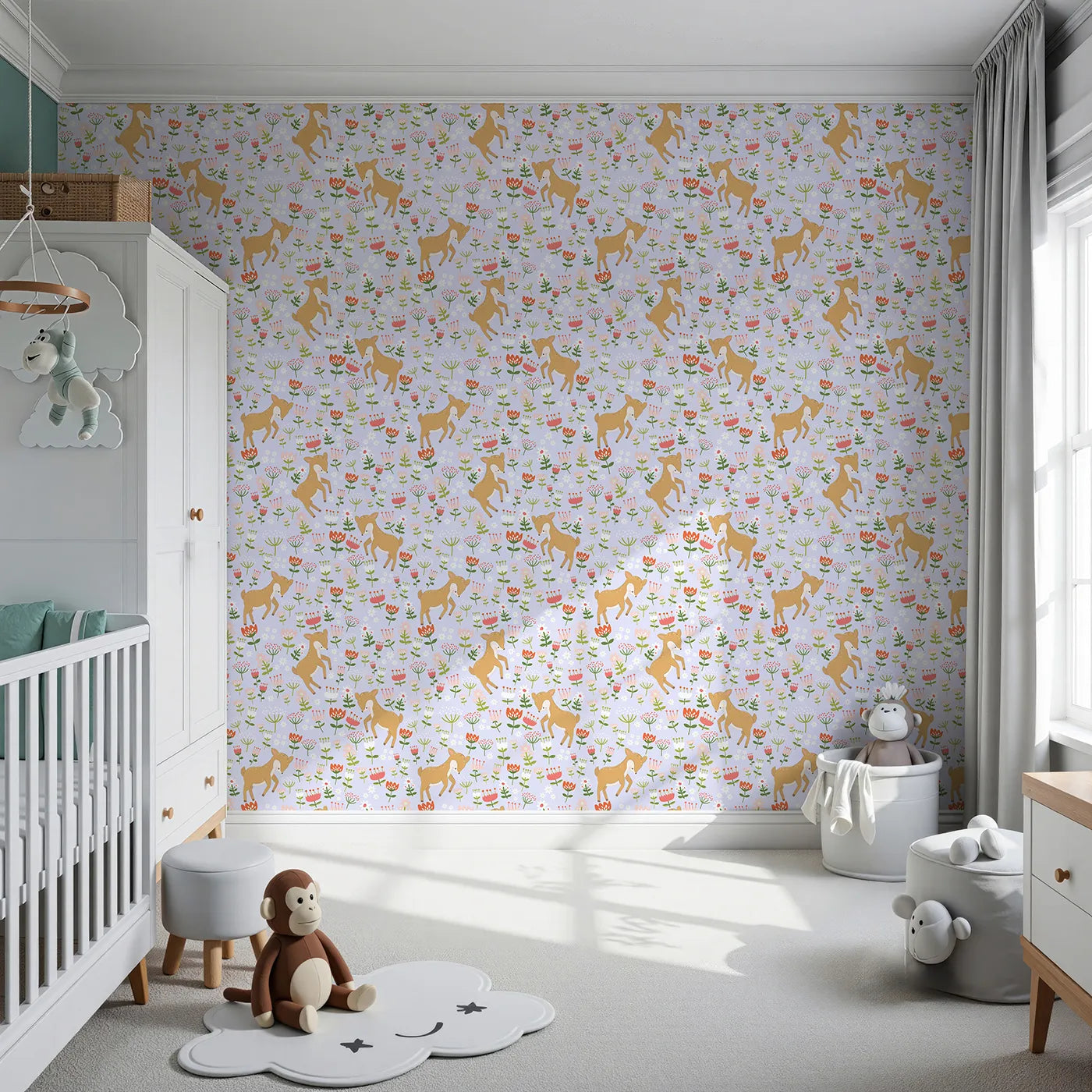 Front view of Whimsy Tots' Spring Fawn Dance Wallpaper in Lavender Mist