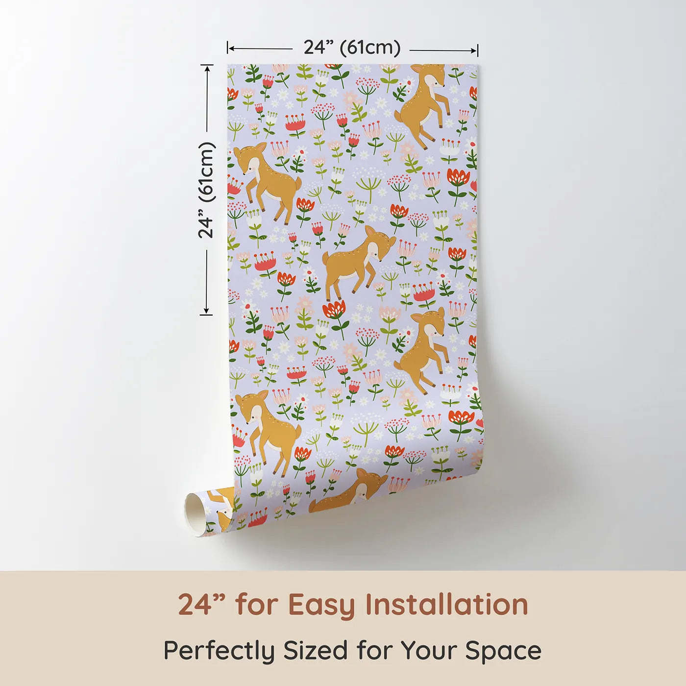 Dimension view of Whimsy Tots Spring Fawn Dance Wallpaper in Lavender Mist (W3064E). Printed in 24-inch-wide panel for easy installation. Soft fawns and blooming flowers create a pastel woodland wonderland.