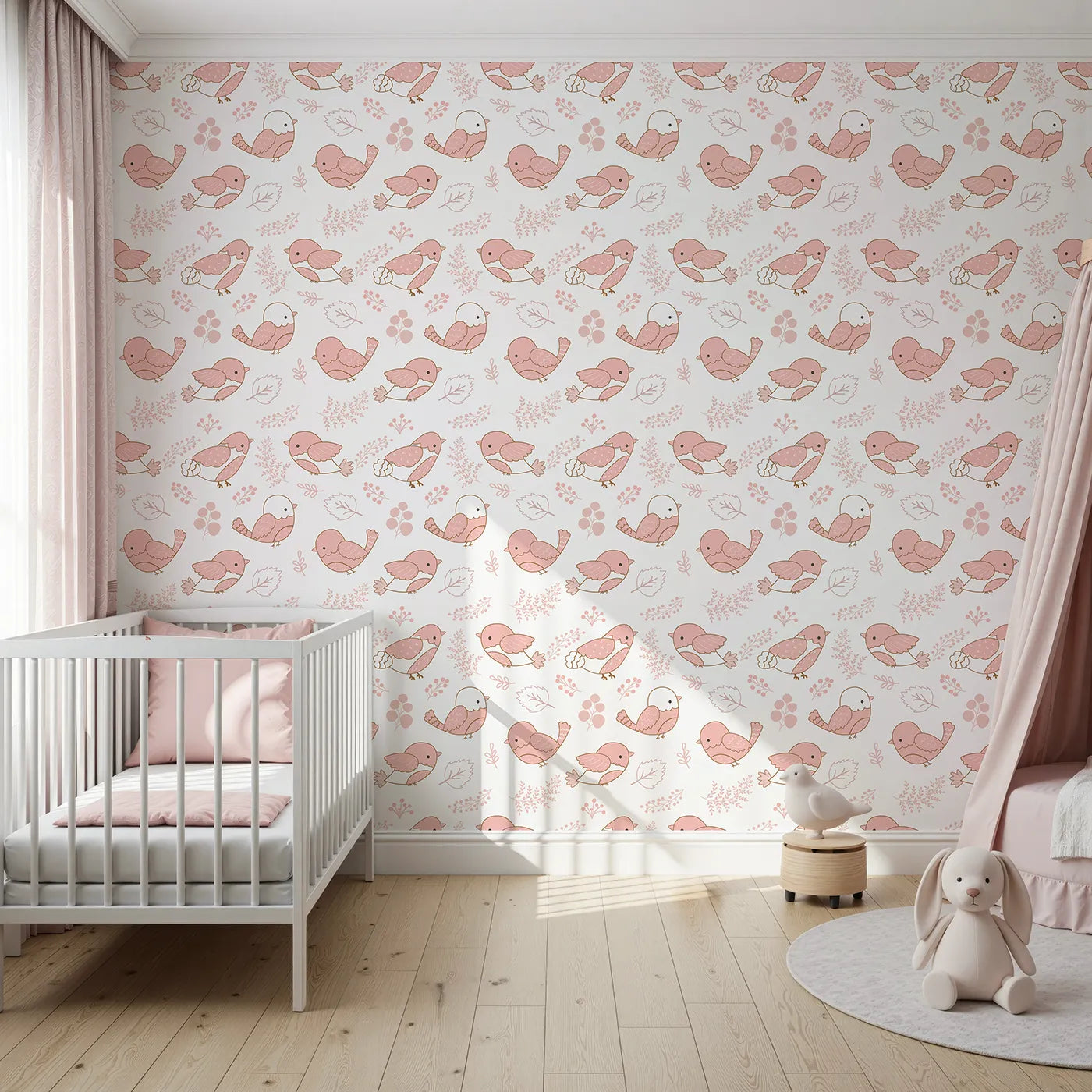 Front view of Whimsy Tots' Tweetheart Meadow Wallpaper in Blush Pink