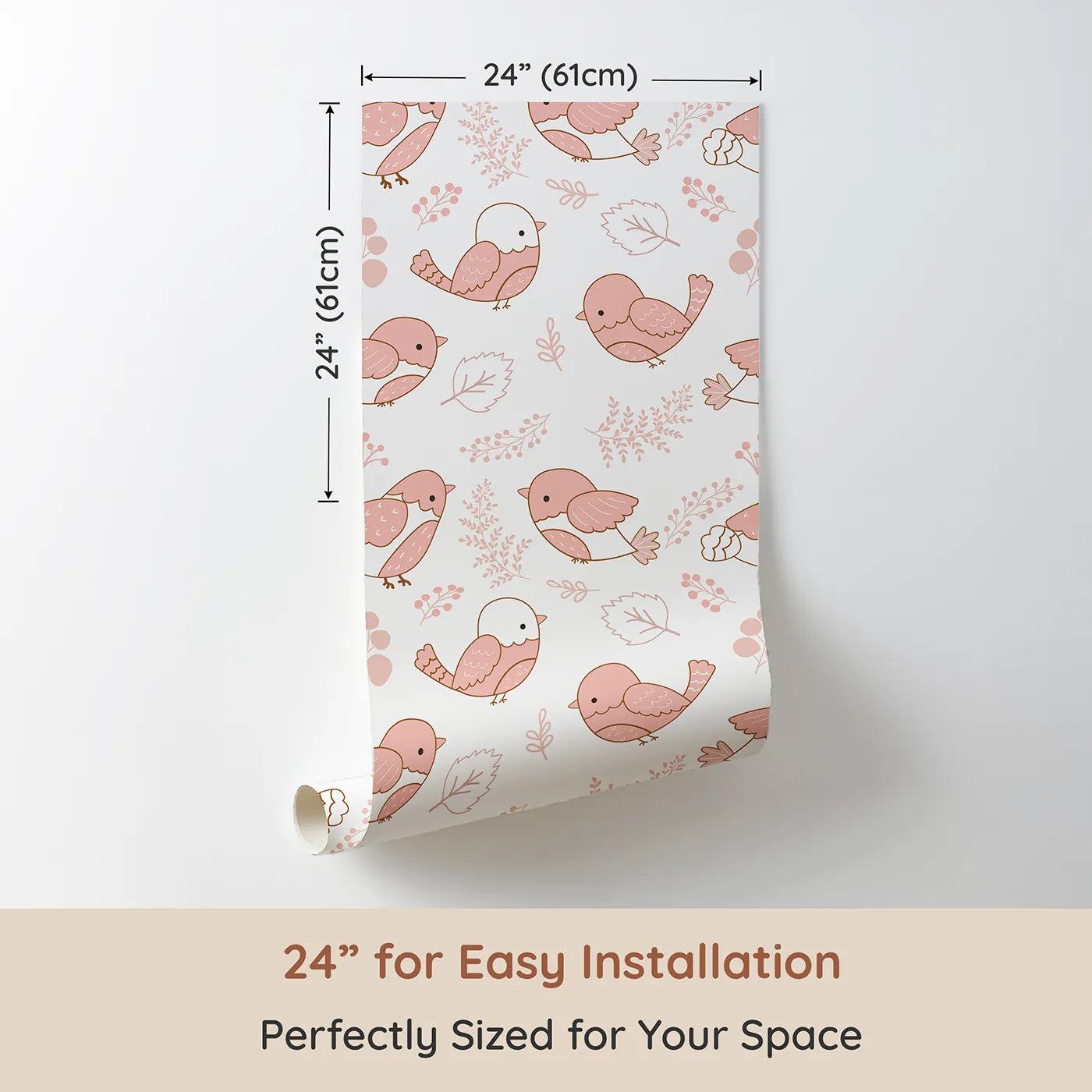 Dimension view of Whimsy Tots Tweetheart Meadow Wallpaper in Blush Pink (W3065A). Printed in 24-inch-wide panel for easy installation. Cheerful blush birds and soft florals create a playful, gentle nook.