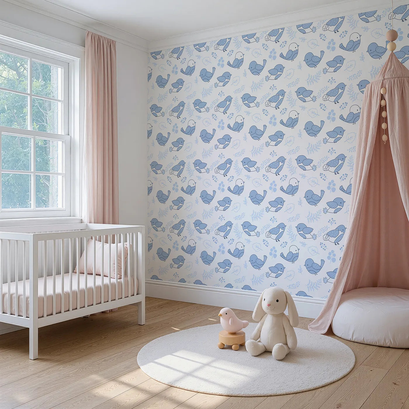 Angled view of Whimsy Tots' Tweetheart Meadow Wallpaper in Blue (W3065B).Friendly blue birds flit through soft leaves and wild berries.