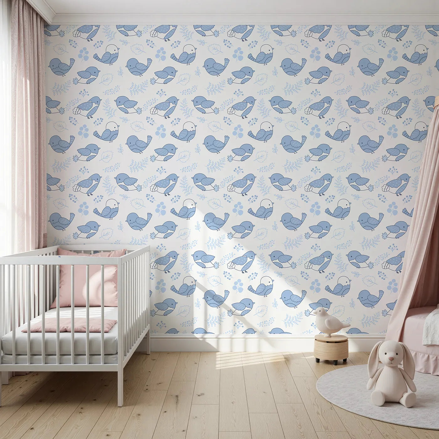 Front view of Whimsy Tots' Tweetheart Meadow Wallpaper in Blue