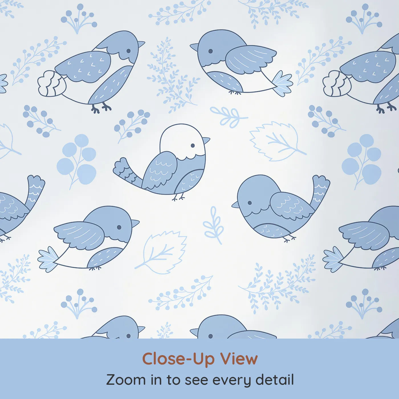 Close-up view of Whimsy Tots' Tweetheart Meadow Wallpaper in Blue (W3065B).Friendly blue birds flit through soft leaves and wild berries.