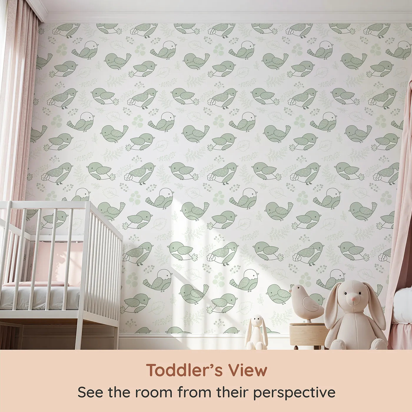 Whimsy Tots Tweetheart Meadow Wallpaper in Green (W3065C) from your child's view.Soft green birds and gentle botanicals create a calm, earthy space.
