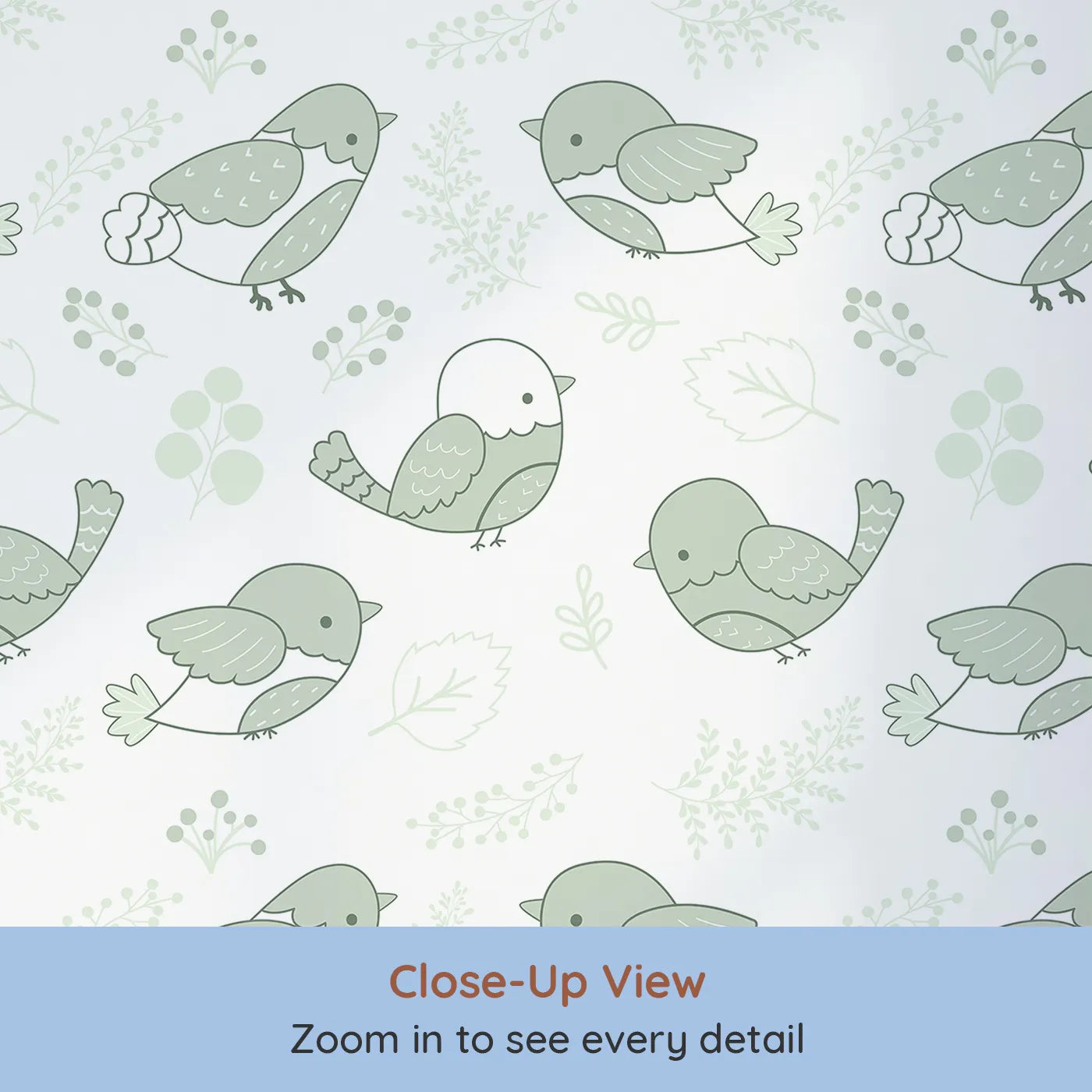 Close-up view of Whimsy Tots' Tweetheart Meadow Wallpaper in Green (W3065C).Soft green birds and gentle botanicals create a calm, earthy space.