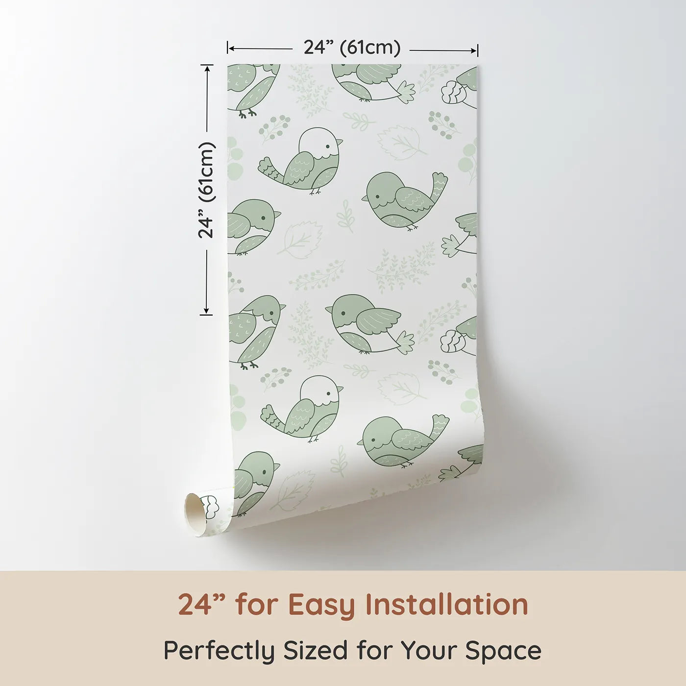 Dimension view of Whimsy Tots Tweetheart Meadow Wallpaper in Green (W3065C). Printed in 24-inch-wide panel for easy installation. Soft green birds and gentle botanicals create a calm, earthy space.