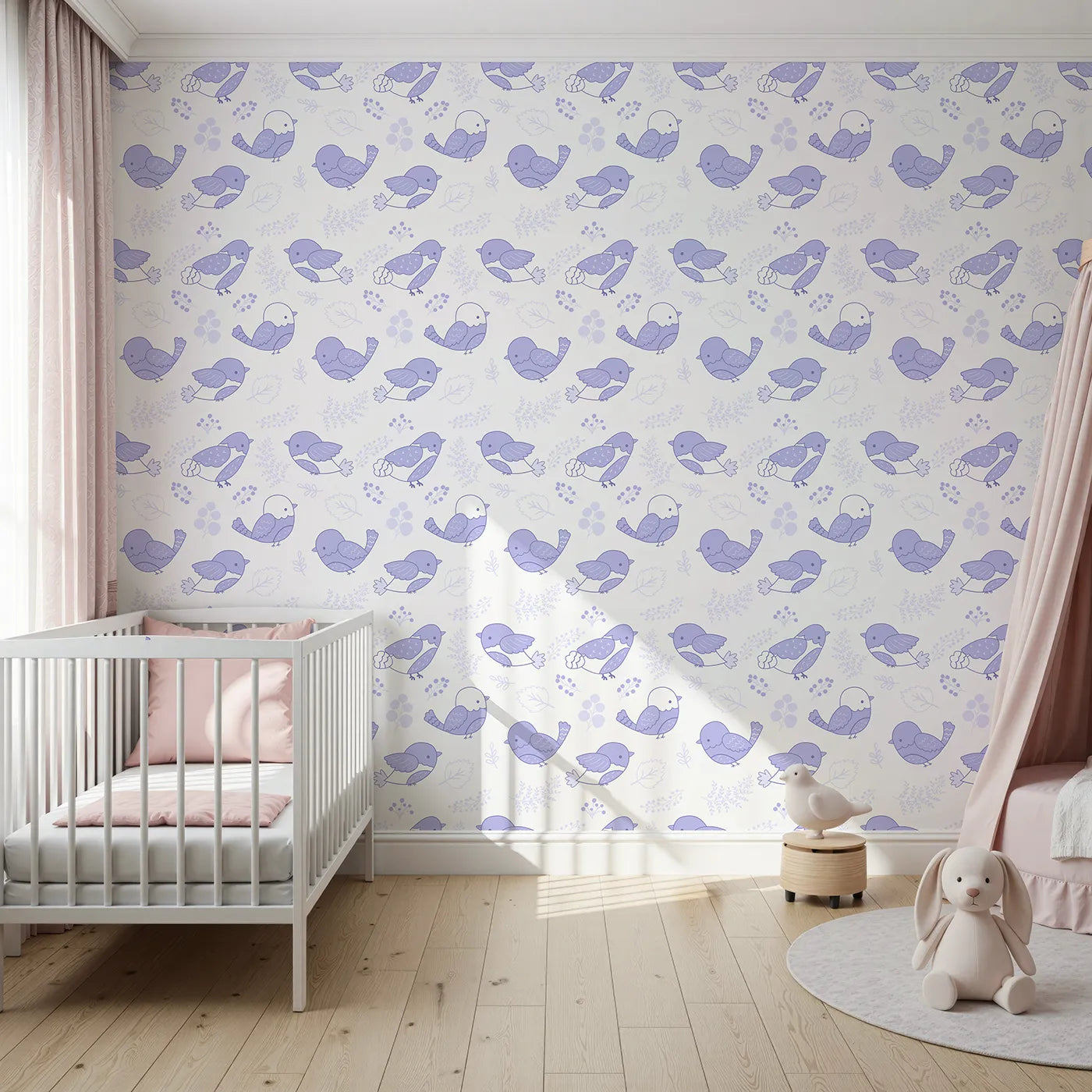 Front view of Whimsy Tots' Tweetheart Meadow Wallpaper in Purple