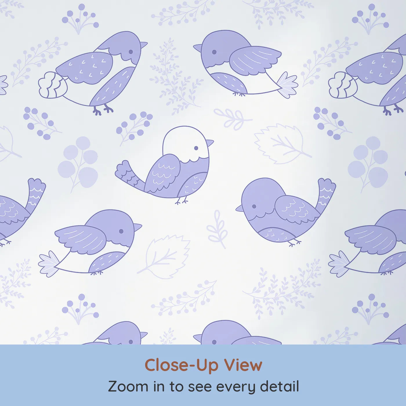 Close-up view of Whimsy Tots' Tweetheart Meadow Wallpaper in Purple (W3065D).Gentle purple birds flutter through soft forest sprigs and berries.