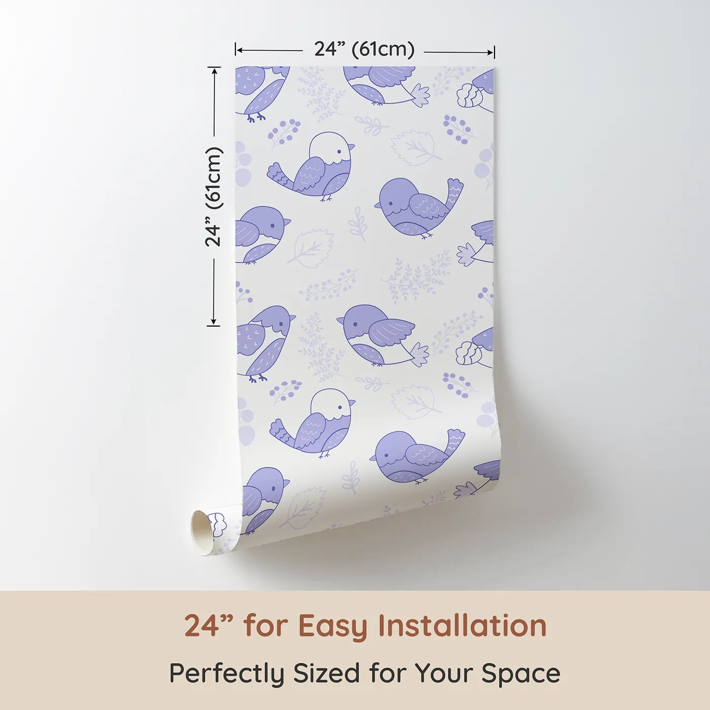 Dimension view of Whimsy Tots Tweetheart Meadow Wallpaper in Purple (W3065D). Printed in 24-inch-wide panel for easy installation. Gentle purple birds flutter through soft forest sprigs and berries.