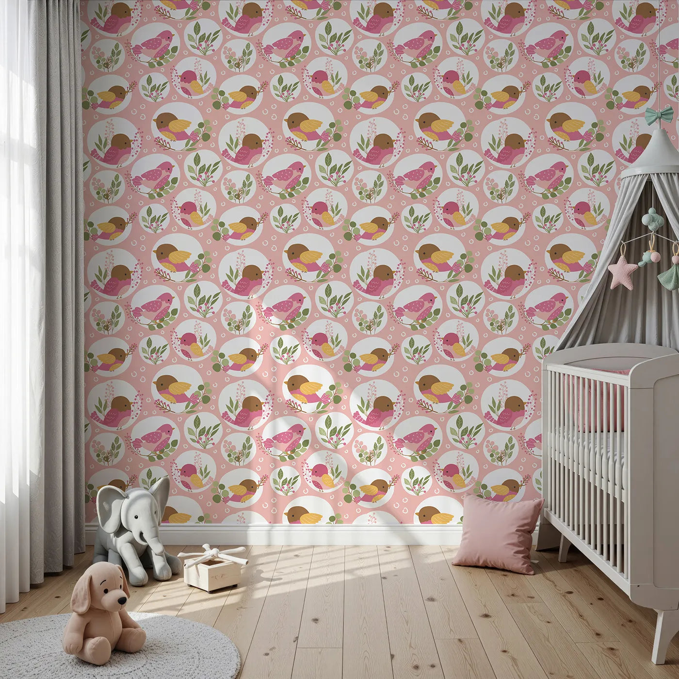 Front view of Whimsy Tots' Garden Songbird Parade Wallpaper in Blush Pink