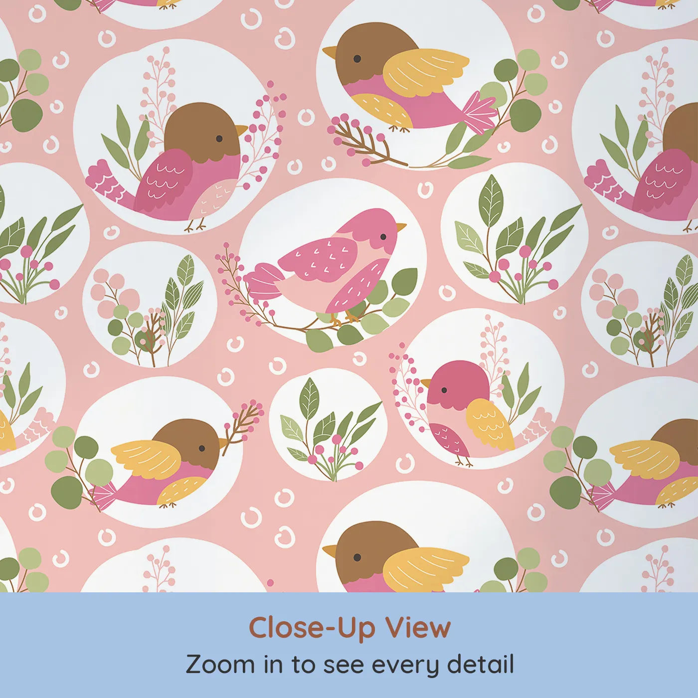 Close-up view of Whimsy Tots' Garden Songbird Parade Wallpaper in Blush Pink (W3066A).Bright little birds perch among berries and leaves in a joyful pink display.