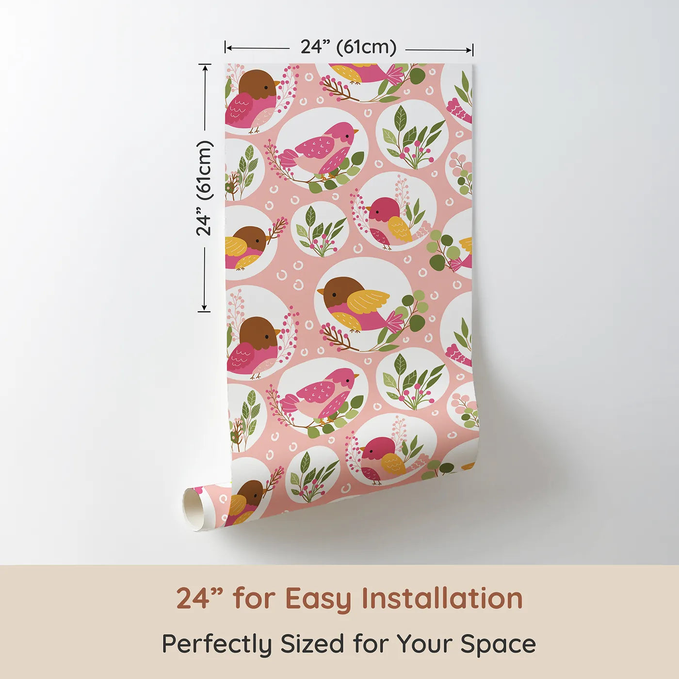 Dimension view of Whimsy Tots Garden Songbird Parade Wallpaper in Blush Pink (W3066A). Printed in 24-inch-wide panel for easy installation. Bright little birds perch among berries and leaves in a joyful pink display.