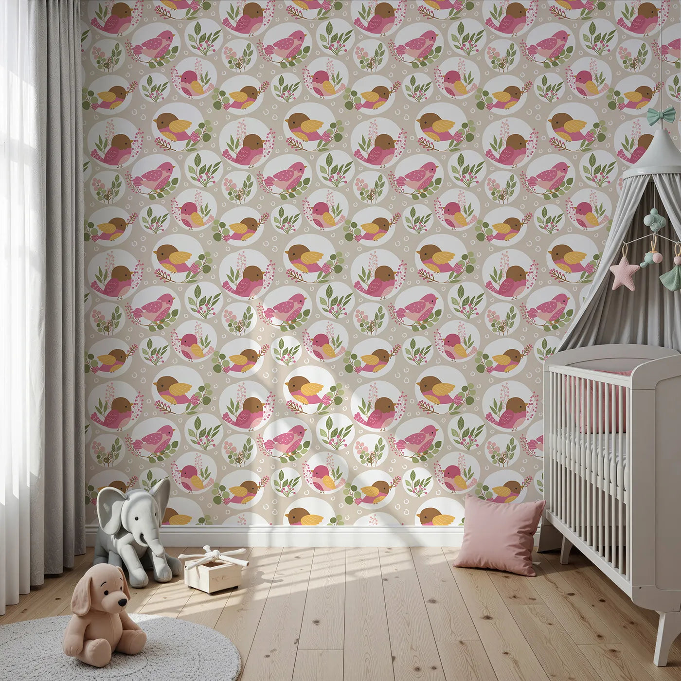 Front view of Whimsy Tots' Garden Songbird Parade Wallpaper in Beige