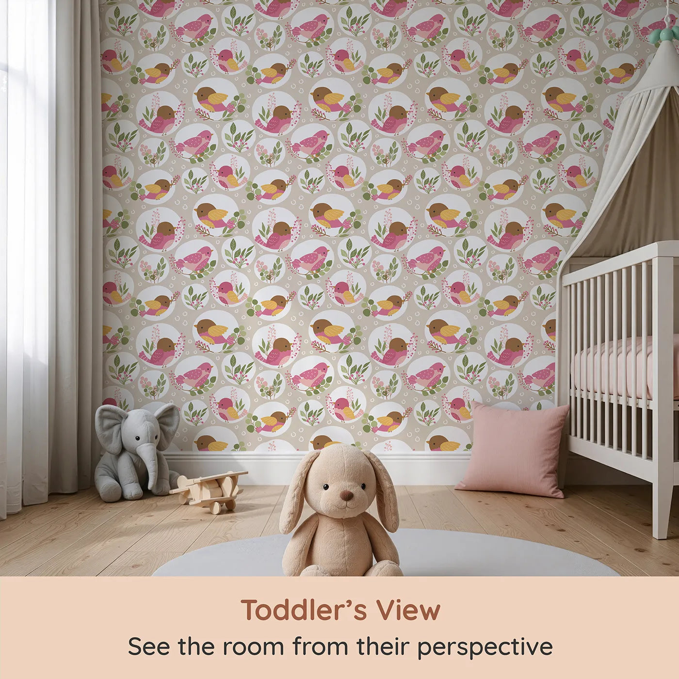 Whimsy Tots Garden Songbird Parade Wallpaper in Beige (W3066B) from your child's view.Sweet garden birds sing from soft beige branches and berry sprigs.