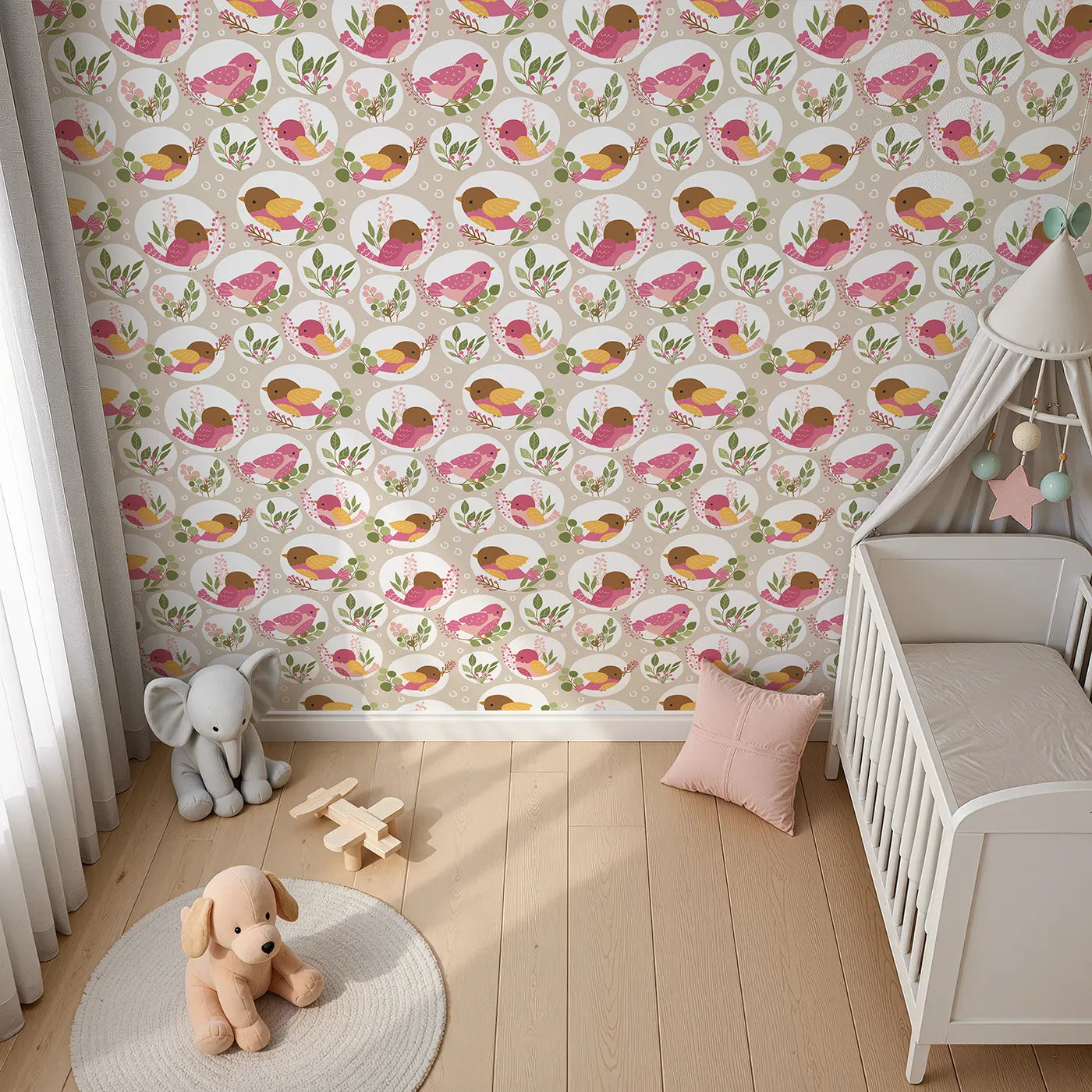 Top-Down view of Whimsy Tots' Garden Songbird Parade Wallpaper in Beige (W3066B).Sweet garden birds sing from soft beige branches and berry sprigs.