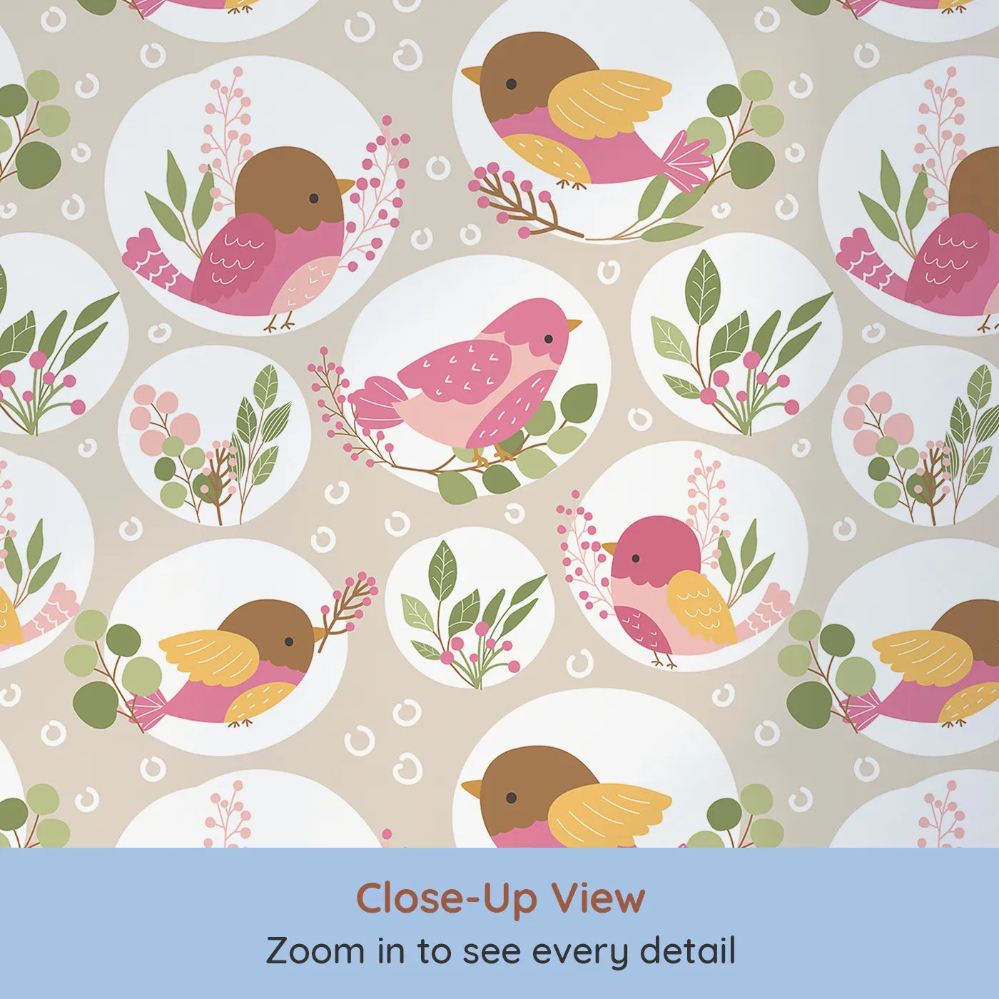 Close-up view of Whimsy Tots' Garden Songbird Parade Wallpaper in Beige (W3066B).Sweet garden birds sing from soft beige branches and berry sprigs.
