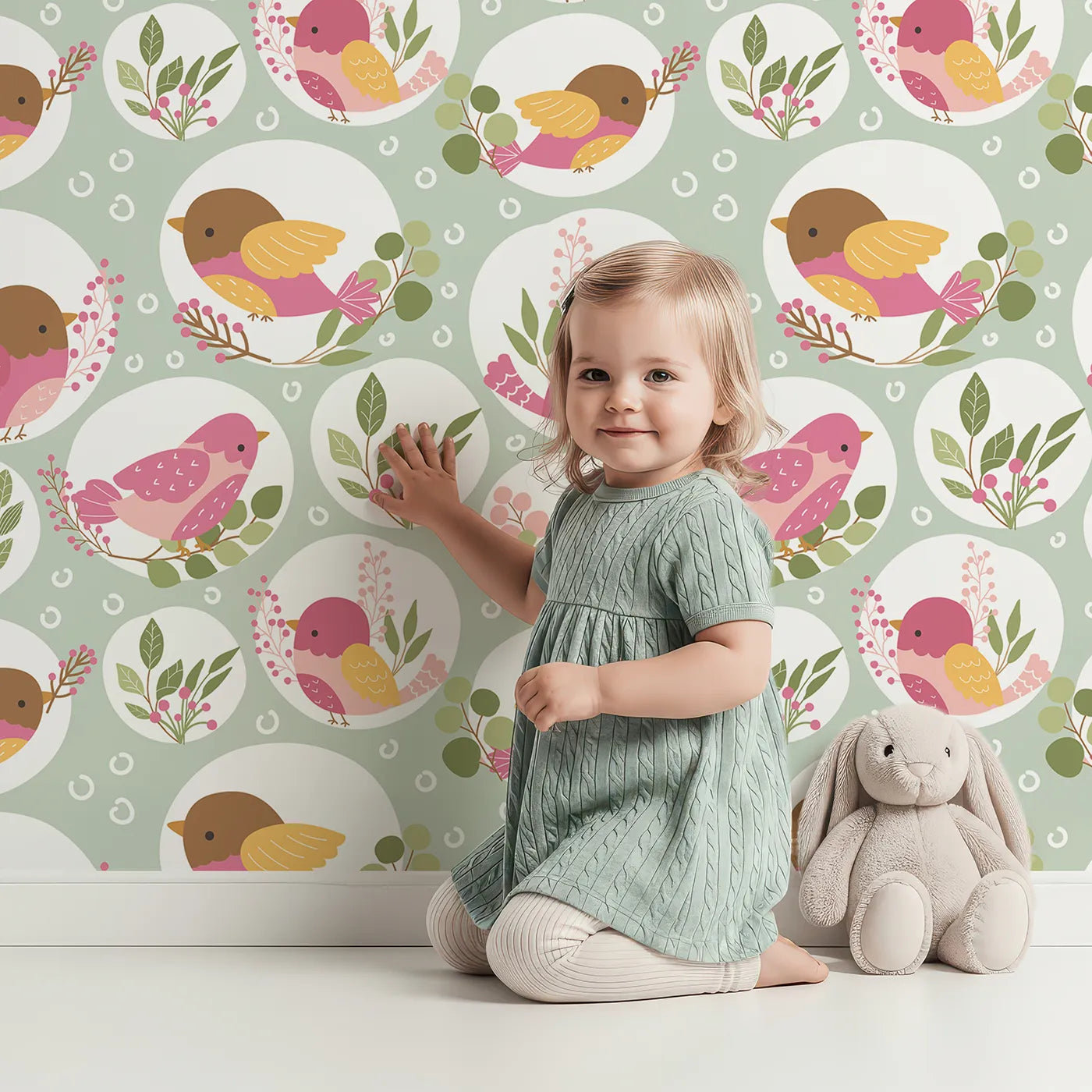 Lovely child standing in front of Whimsy Tots Garden Songbird Parade Wallpaper in Green with bird, branch, leaf, berry in design.