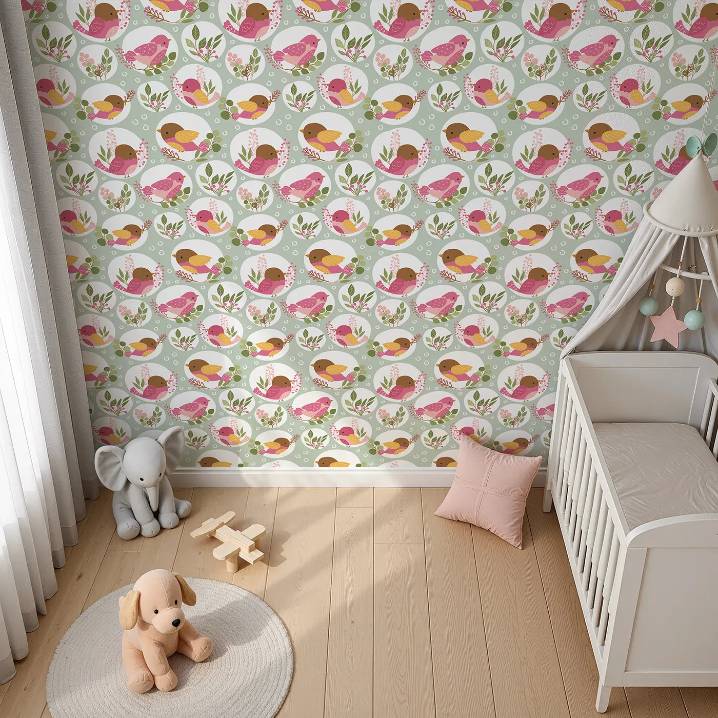 Top-Down view of Whimsy Tots' Garden Songbird Parade Wallpaper in Green (W3066C).Playful birds and lush green sprigs fill the space with natureβs melody.