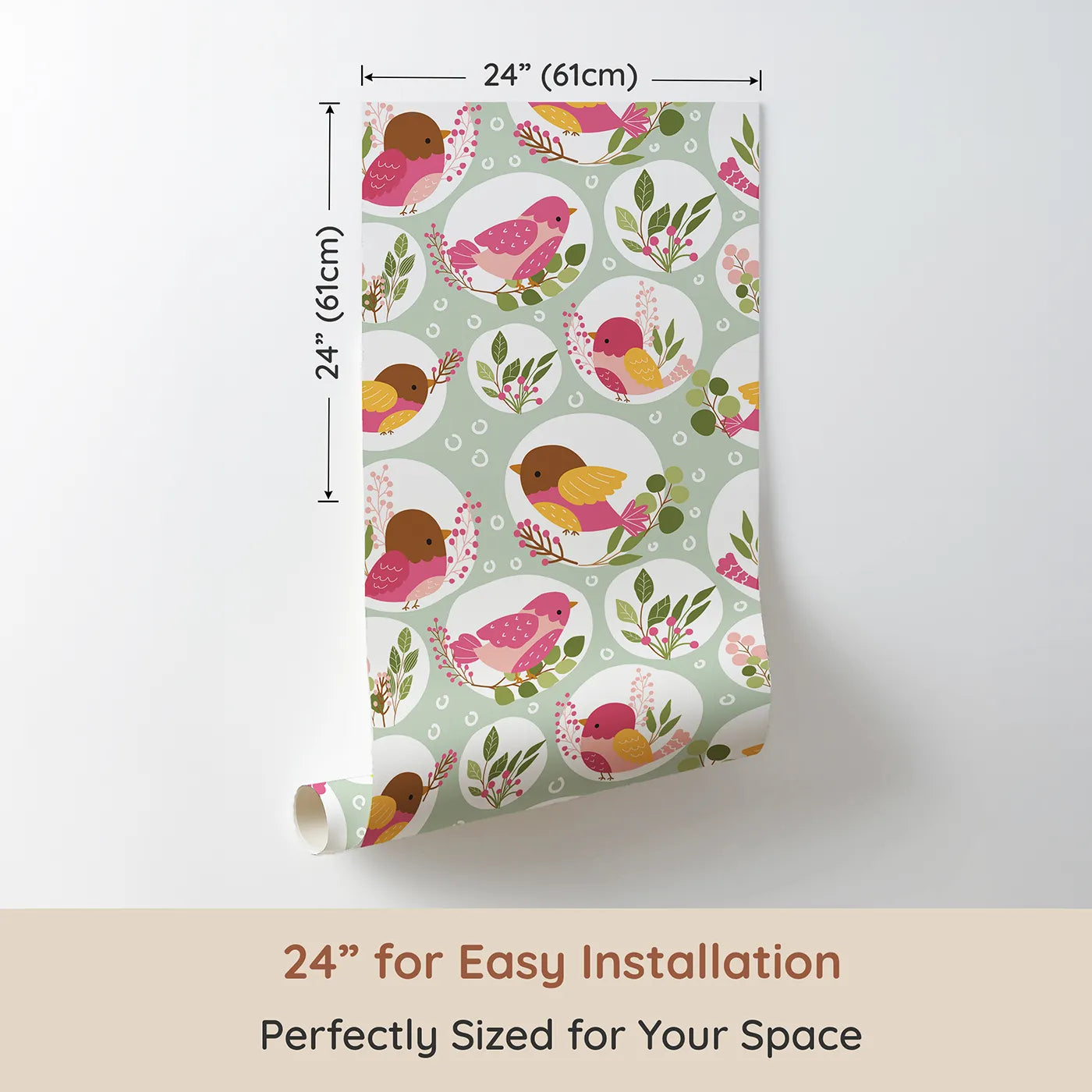 Dimension view of Whimsy Tots Garden Songbird Parade Wallpaper in Green (W3066C). Printed in 24-inch-wide panel for easy installation. Playful birds and lush green sprigs fill the space with natureβs melody.