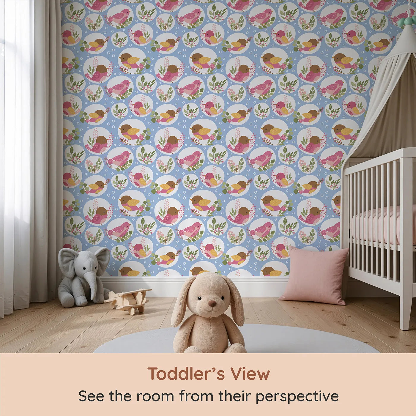 Whimsy Tots Garden Songbird Parade Wallpaper in Blue (W3066D) from your child's view.Cheerful birds perch among greenery on a sky-blue field of joy.