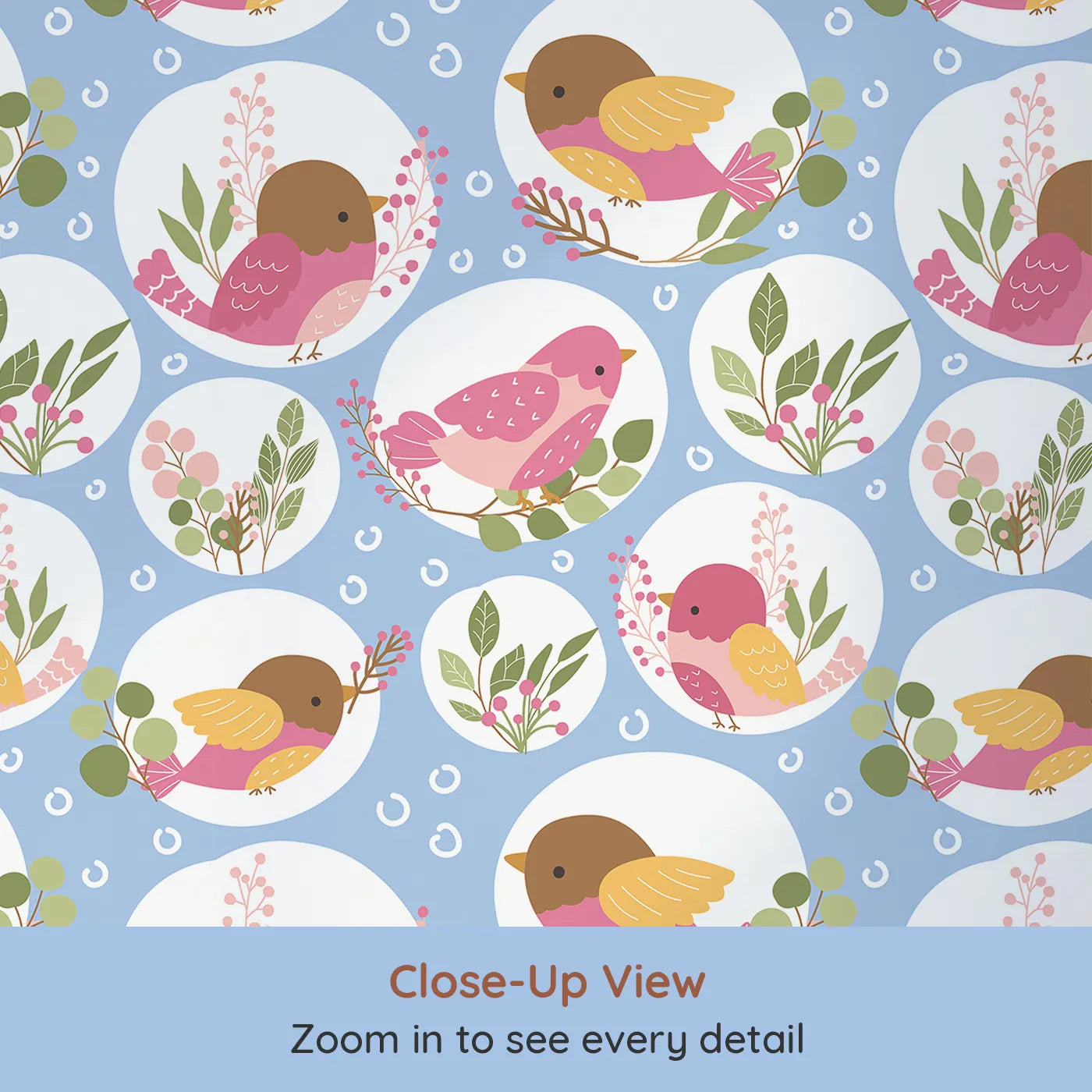 Close-up view of Whimsy Tots' Garden Songbird Parade Wallpaper in Blue (W3066D).Cheerful birds perch among greenery on a sky-blue field of joy.