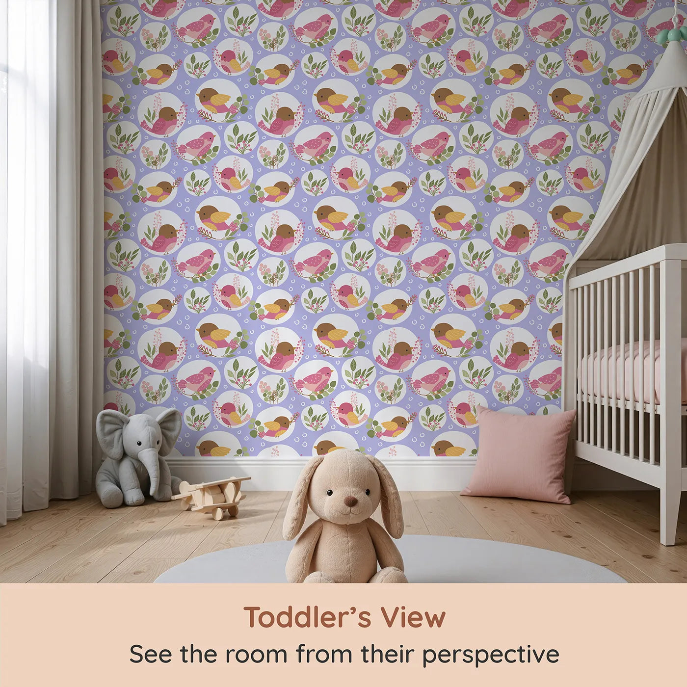 Whimsy Tots Garden Songbird Parade Wallpaper in Lavender (W3066E) from your child's view.Playful pink birds and leafy greens flutter across a soft lavender sky.