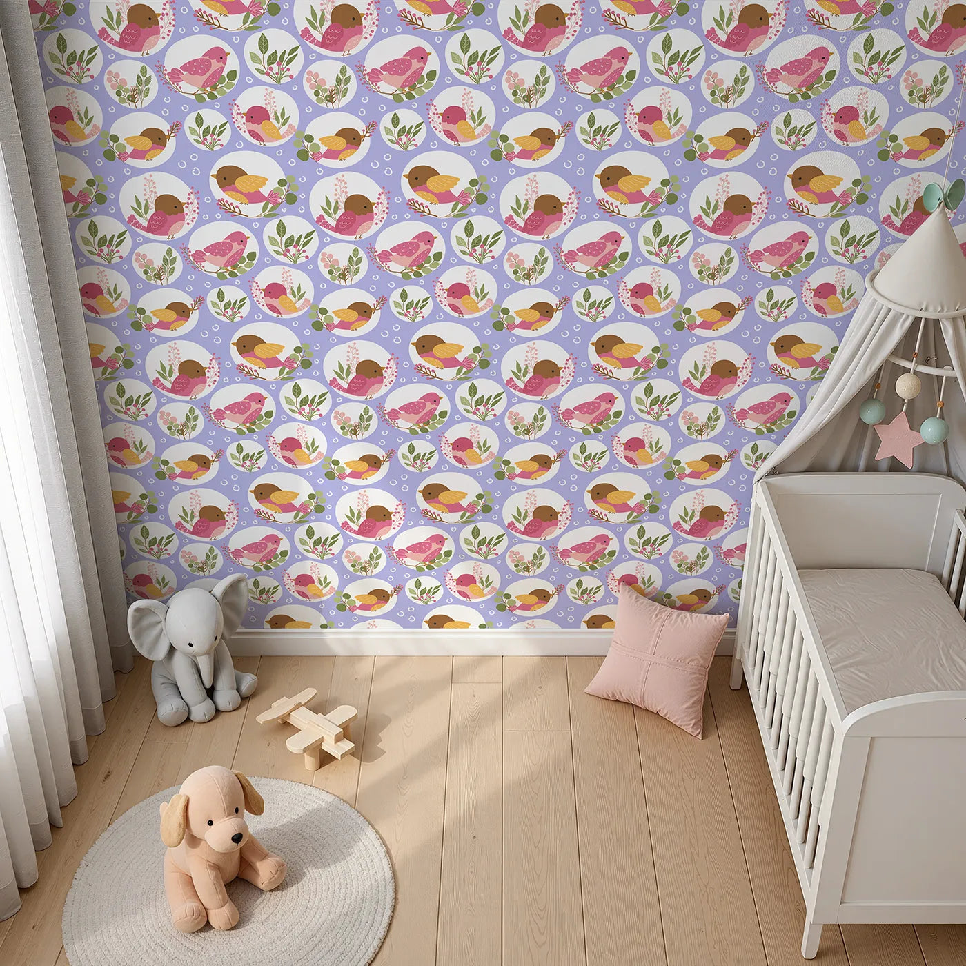 Top-Down view of Whimsy Tots' Garden Songbird Parade Wallpaper in Lavender (W3066E).Playful pink birds and leafy greens flutter across a soft lavender sky.
