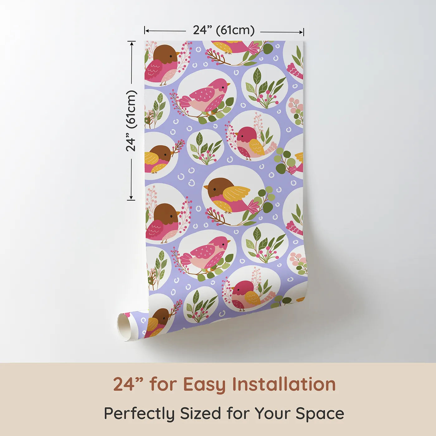 Dimension view of Whimsy Tots Garden Songbird Parade Wallpaper in Lavender (W3066E). Printed in 24-inch-wide panel for easy installation. Playful pink birds and leafy greens flutter across a soft lavender sky.