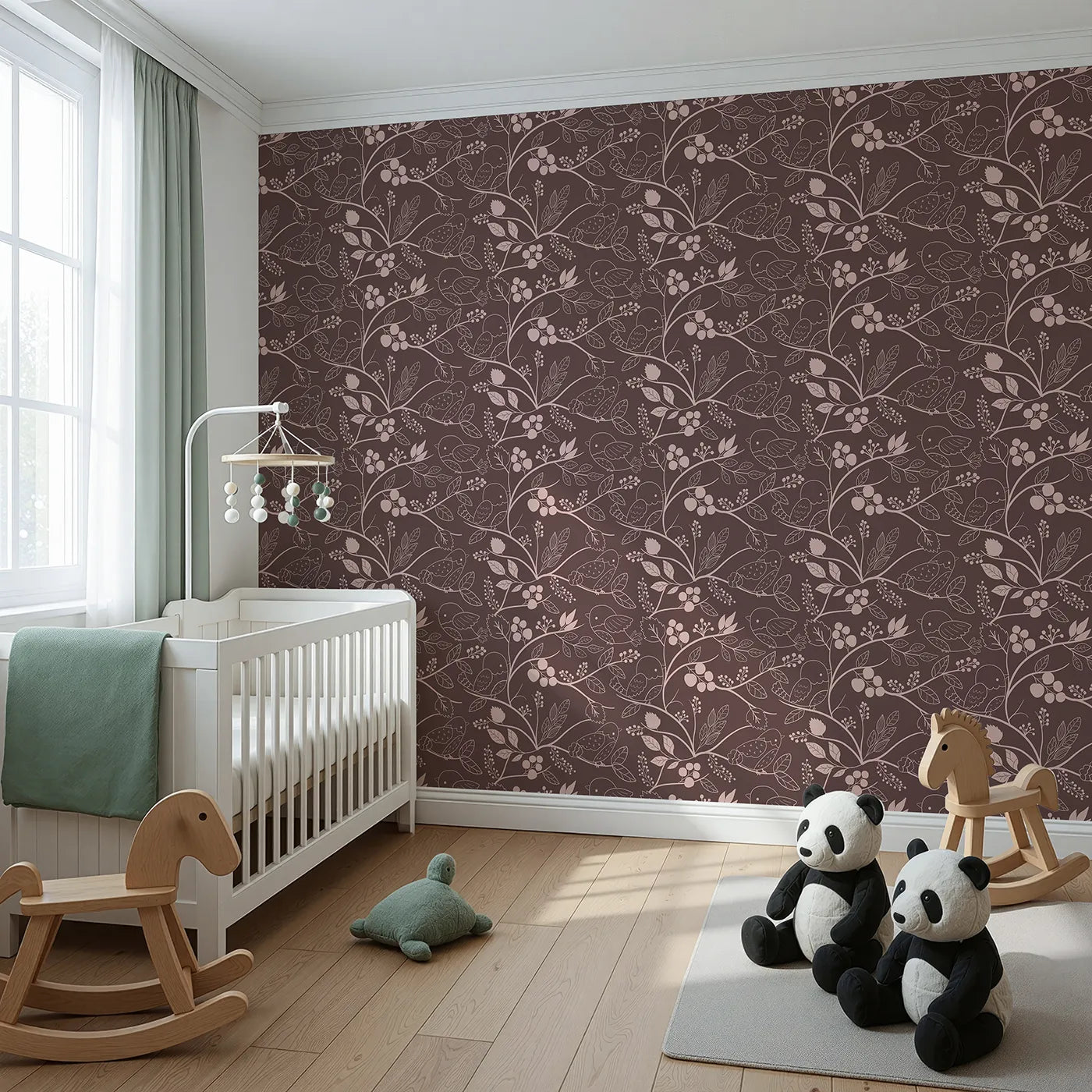 Angled view of Whimsy Tots' Woodland Silhouette Birds Wallpaper in Cocoa Brown (W3067A).Charming birds and berry branches nestle into deep cocoa tones.
