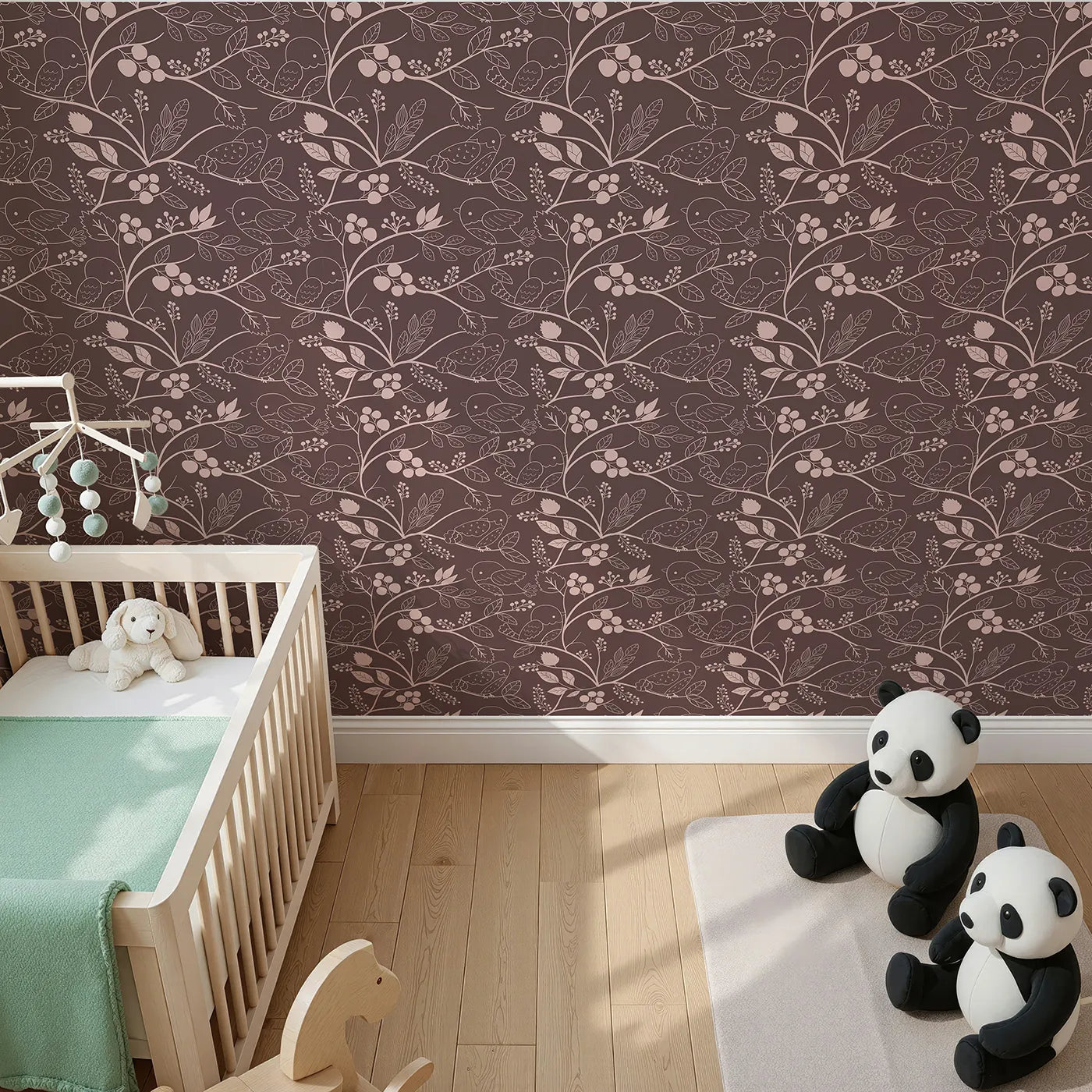 Top-Down view of Whimsy Tots' Woodland Silhouette Birds Wallpaper in Cocoa Brown (W3067A).Charming birds and berry branches nestle into deep cocoa tones.
