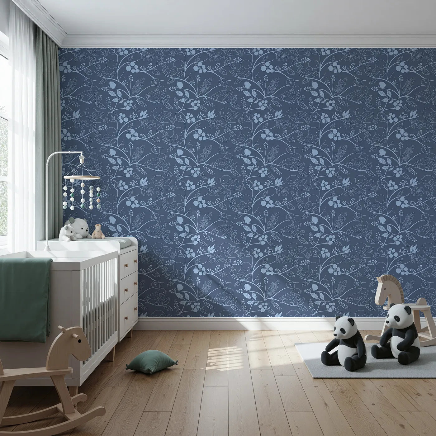 Front view of Whimsy Tots' Woodland Silhouette Birds Wallpaper in Blue